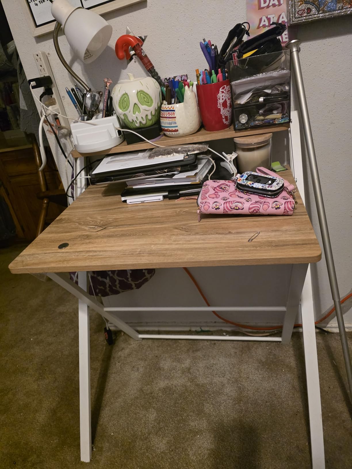 GreenForest Portable Small Desk No Assembly, 2-Tier Compact Computer Desk with Shelf, Space Saving Foldable Table for Home Office, Bedroom or Apartment, Portable Collapsible Sturdy Laptop Desk, Oak customer photo 2