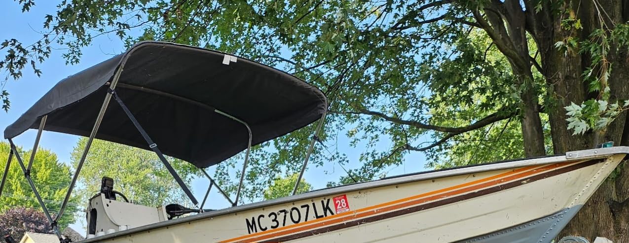 SereneLife 4 Bow Blue Bimini Top Boat Cover, with Canvas Aluminum Frame ,UV Level 4 Protection Waterproof Canopy, with Front Straps & Rear Support Arms, Fits 8'L x 79-84