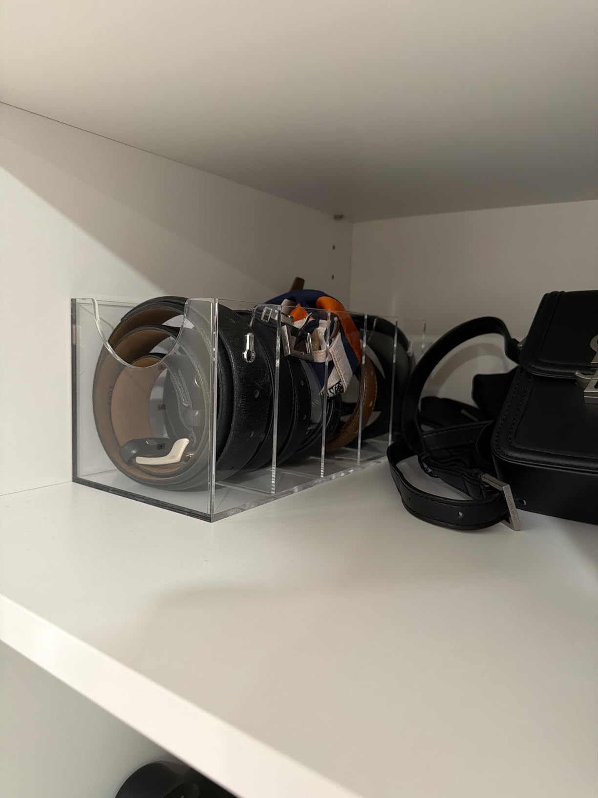 NIUBEE Belt Organizer, Acrylic Belt Storage Holder for The Closet, 7 Compartments Display Case for Tie and Bow Tie customer photo 1