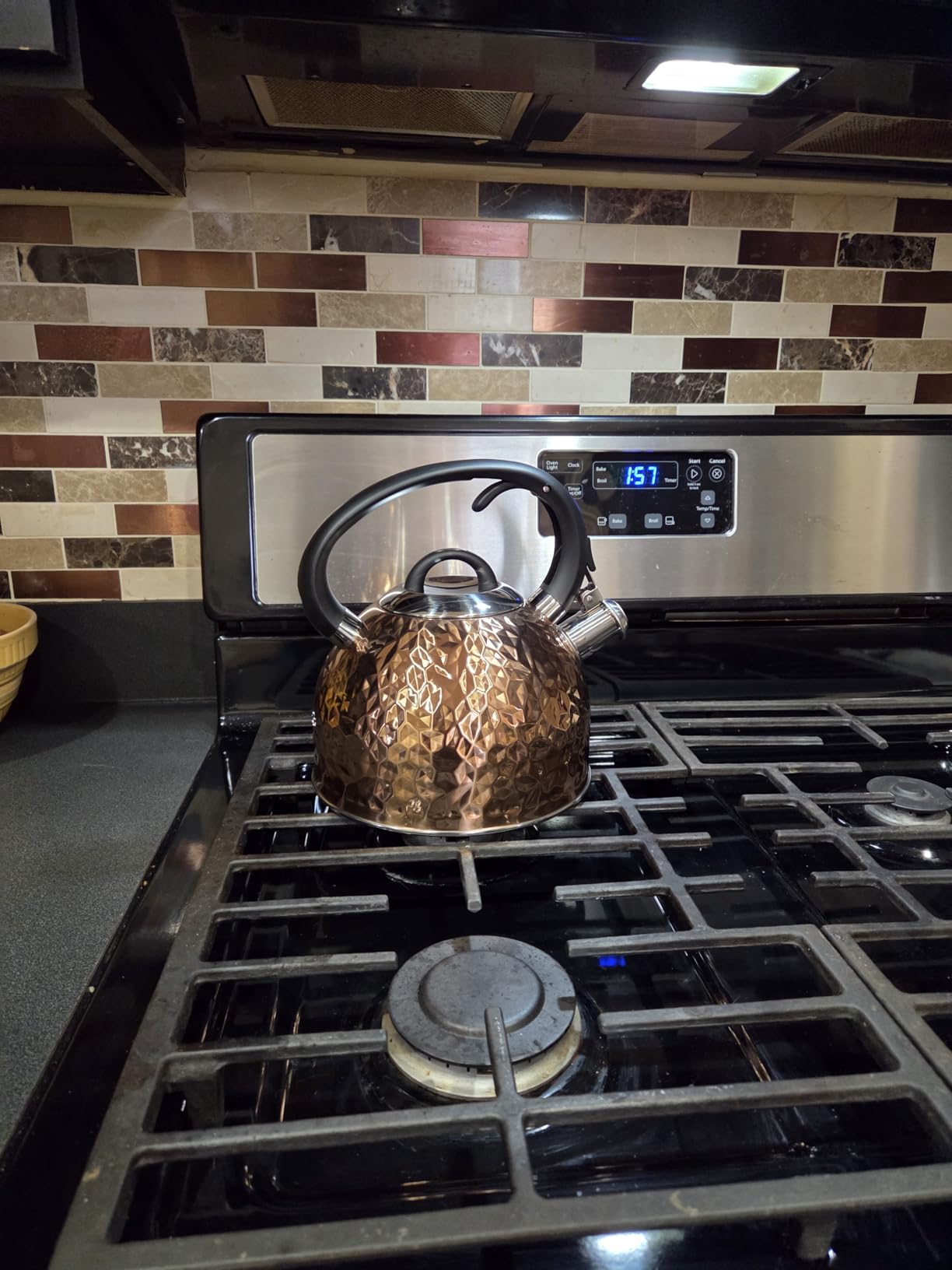 Copper Tea Kettle Stainless Steel Teapot Whistling Kettle Unique Button Control Kettle Outlet Loud Whistle Food Grade Teapot 3.2 Quart / 3 Liter Bronze customer photo 1