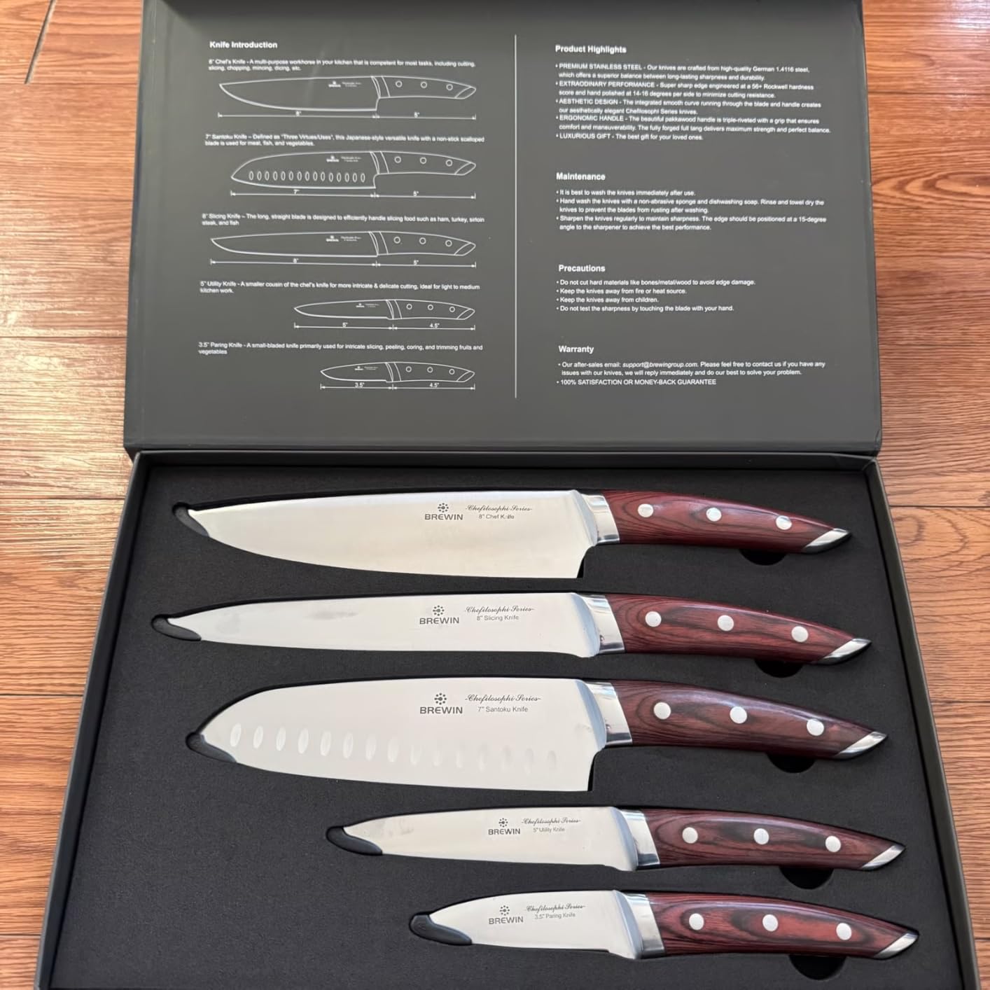 Brewin CHEFILOSOPHI Japanese Chef Knife Set 5 PCS with Elegant Red Pakkawood Handle Ergonomic Design,Professional Ultra Sharp Kitchen Knives for Cooking High Carbon Stainless Steel customer photo 1