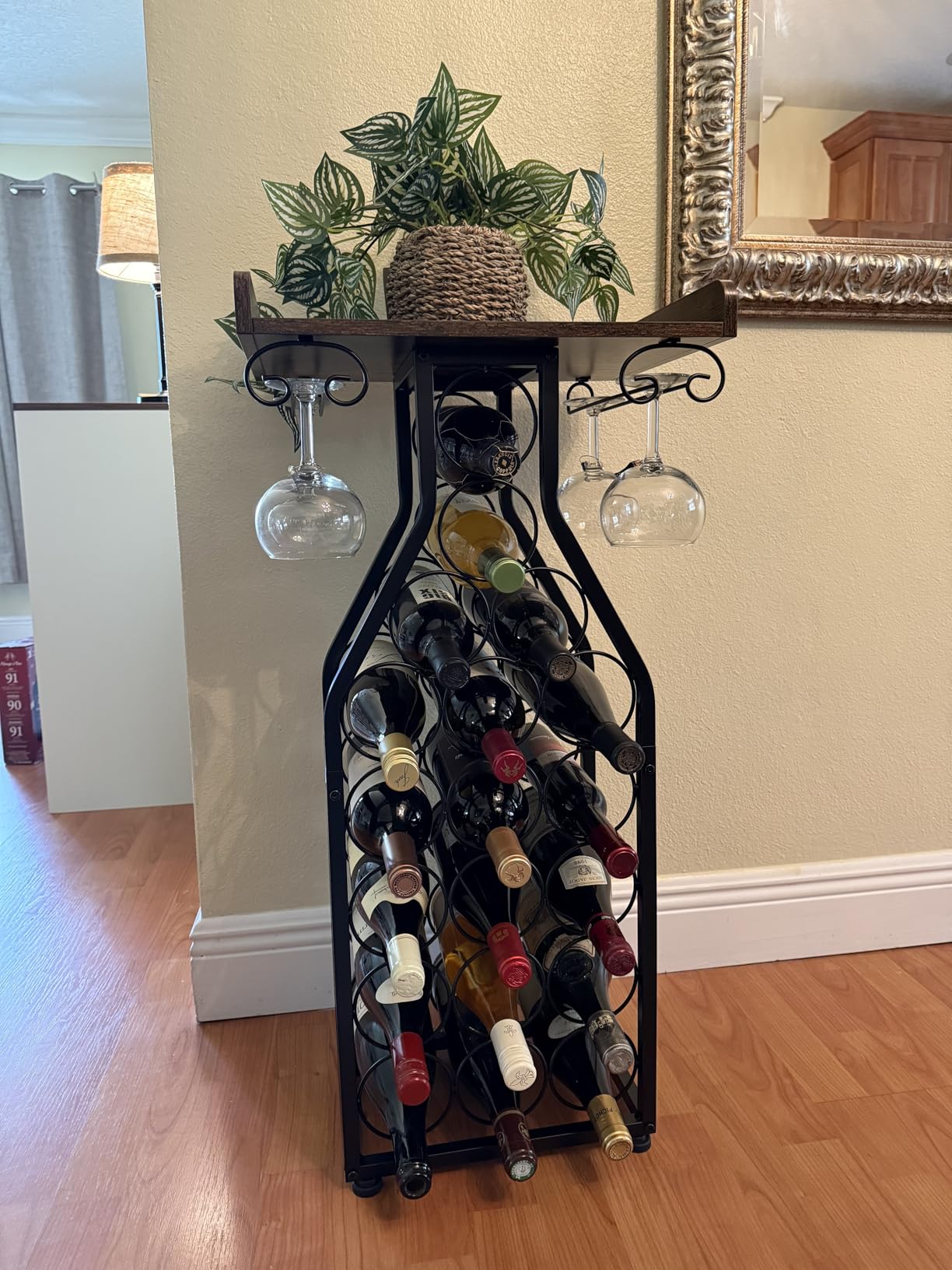 X-cosrack Wine Rack Freestanding Floor, Mini Bar Table Wine Holder Stand Liquor Cabinet with Glass Holder Wood Tabletop 14 Bottles Floor Wine Storage for Home Bar Kitchen Living Room customer photo 1