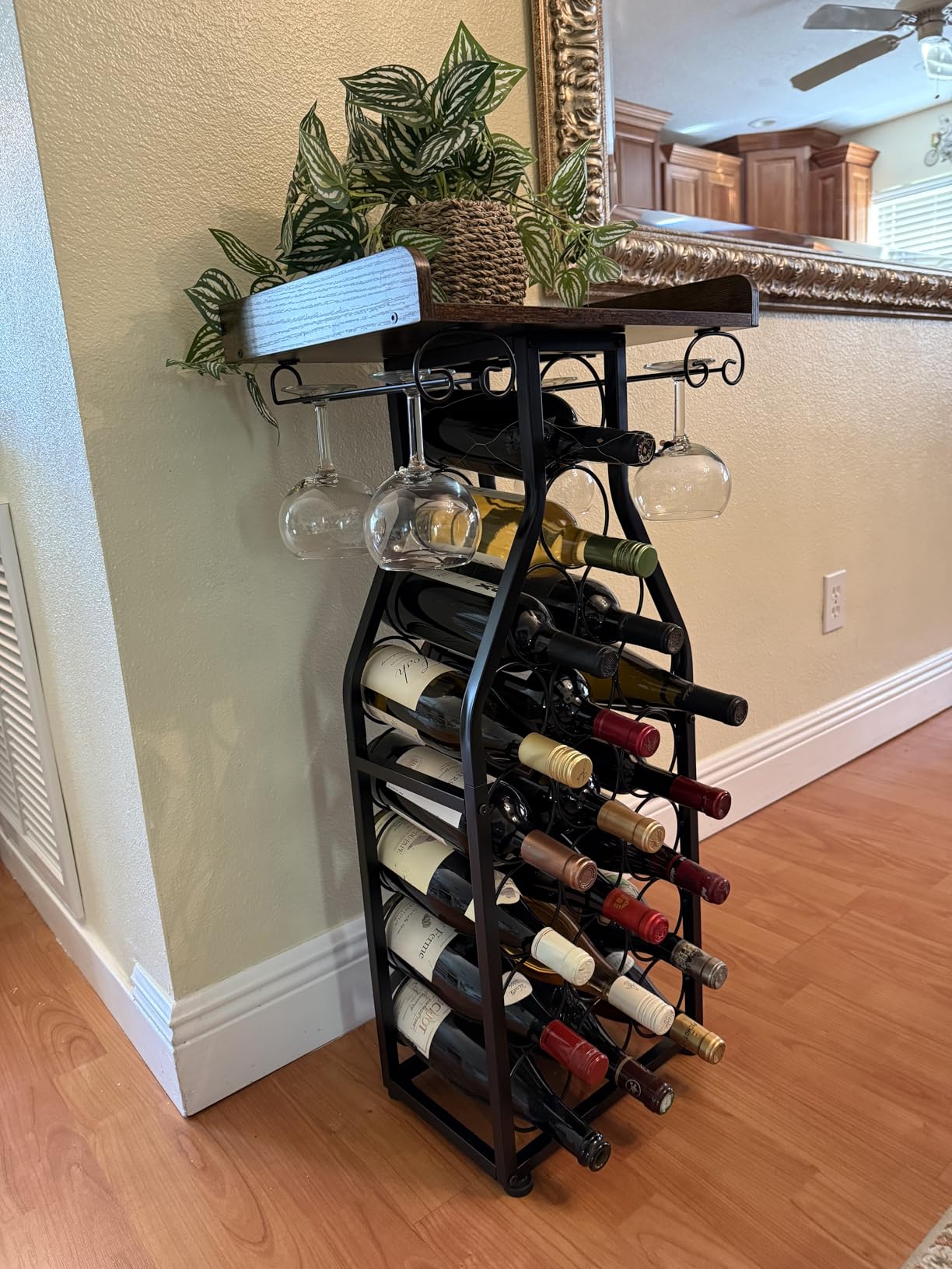 X-cosrack Wine Rack Freestanding Floor, Mini Bar Table Wine Holder Stand Liquor Cabinet with Glass Holder Wood Tabletop 14 Bottles Floor Wine Storage for Home Bar Kitchen Living Room customer photo 2