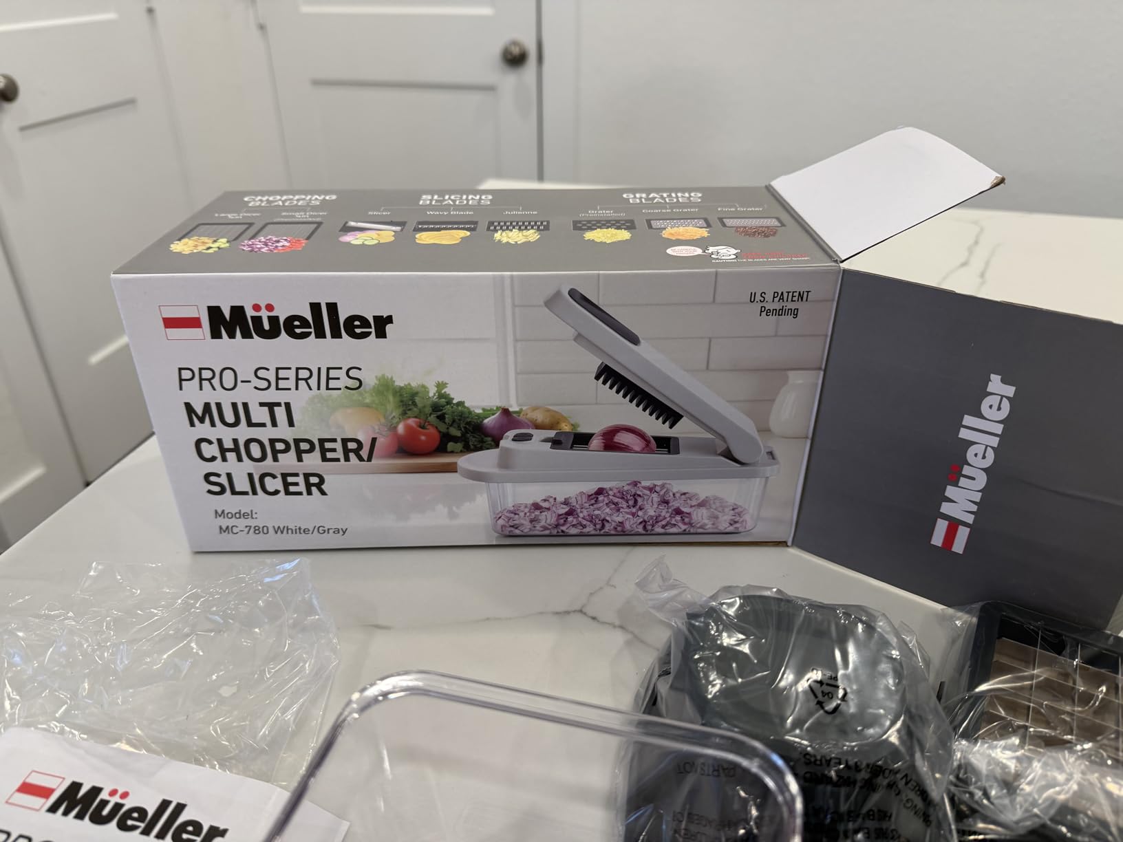 Mueller Pro-Series All-in-One, 12 Blade Mandoline Slicer for Kitchen, Food Chopper, Vegetable Slicer and Spiralizer, Cutter, Dicer, Grater, Kitchen Gadgets Sets with Container, White Sand/Gray customer photo 2