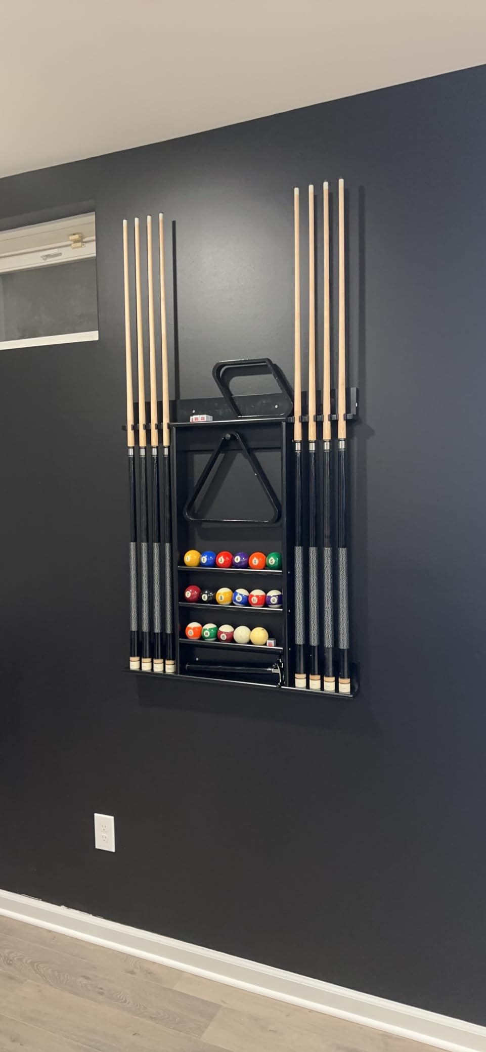 Goplus Pool Cue Rack, Wall Mounted Billiard Stick Holder, Made of Solid Pine Wood, Holds 8 Cues & Full Ball Set & 1 Ball Rack, Compact Billiards Accessories for Club, Bar (Brown) customer photo 1