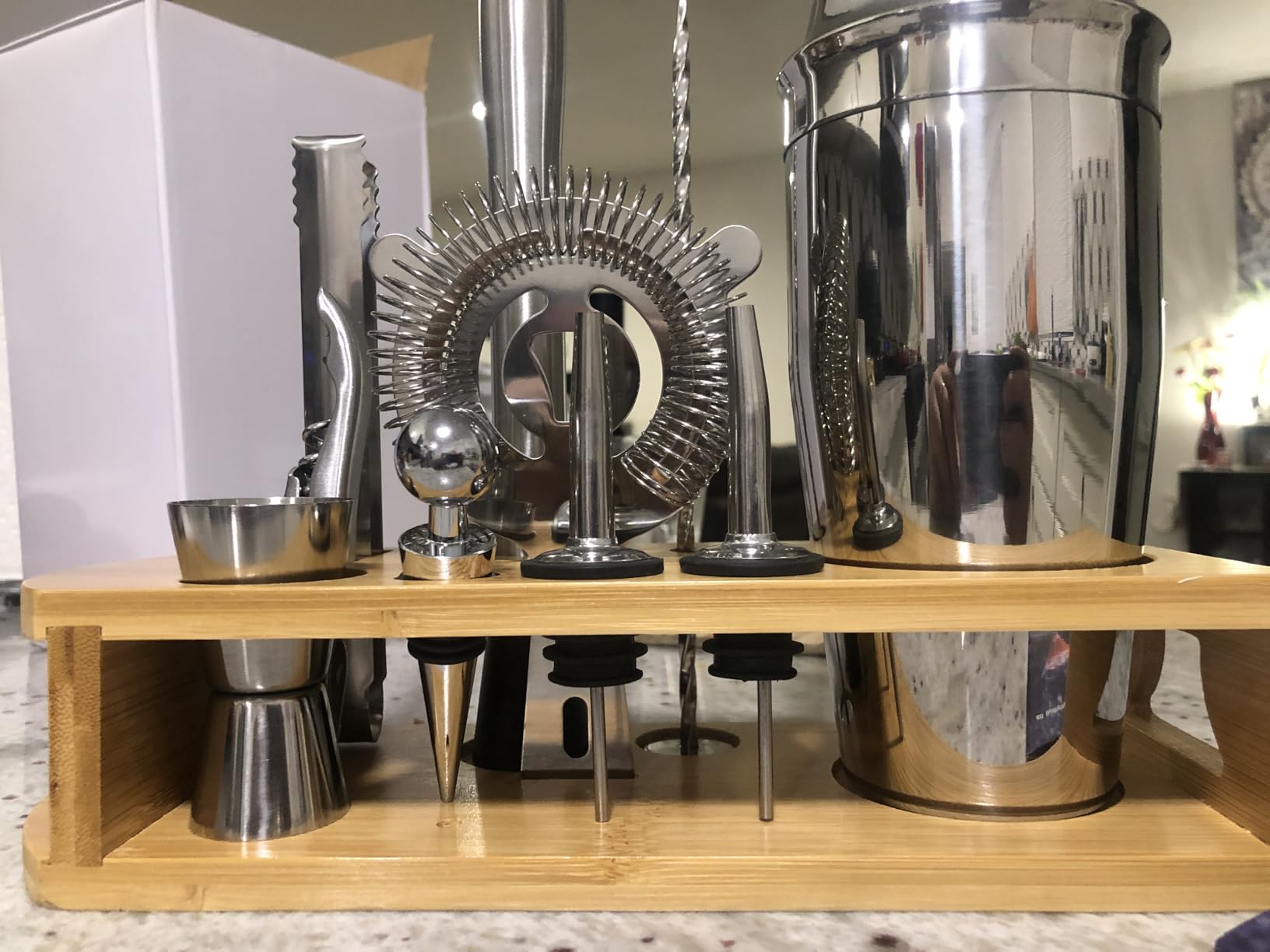 Cocktail Shaker Set Bartender Kit : 12-Piece Bar Tool Set with Bamboo Stand | Bar Set with All Practical Bar Accessories, for Drink Mixing, Bar, Home, Lounge & Party (Silver) customer photo 1