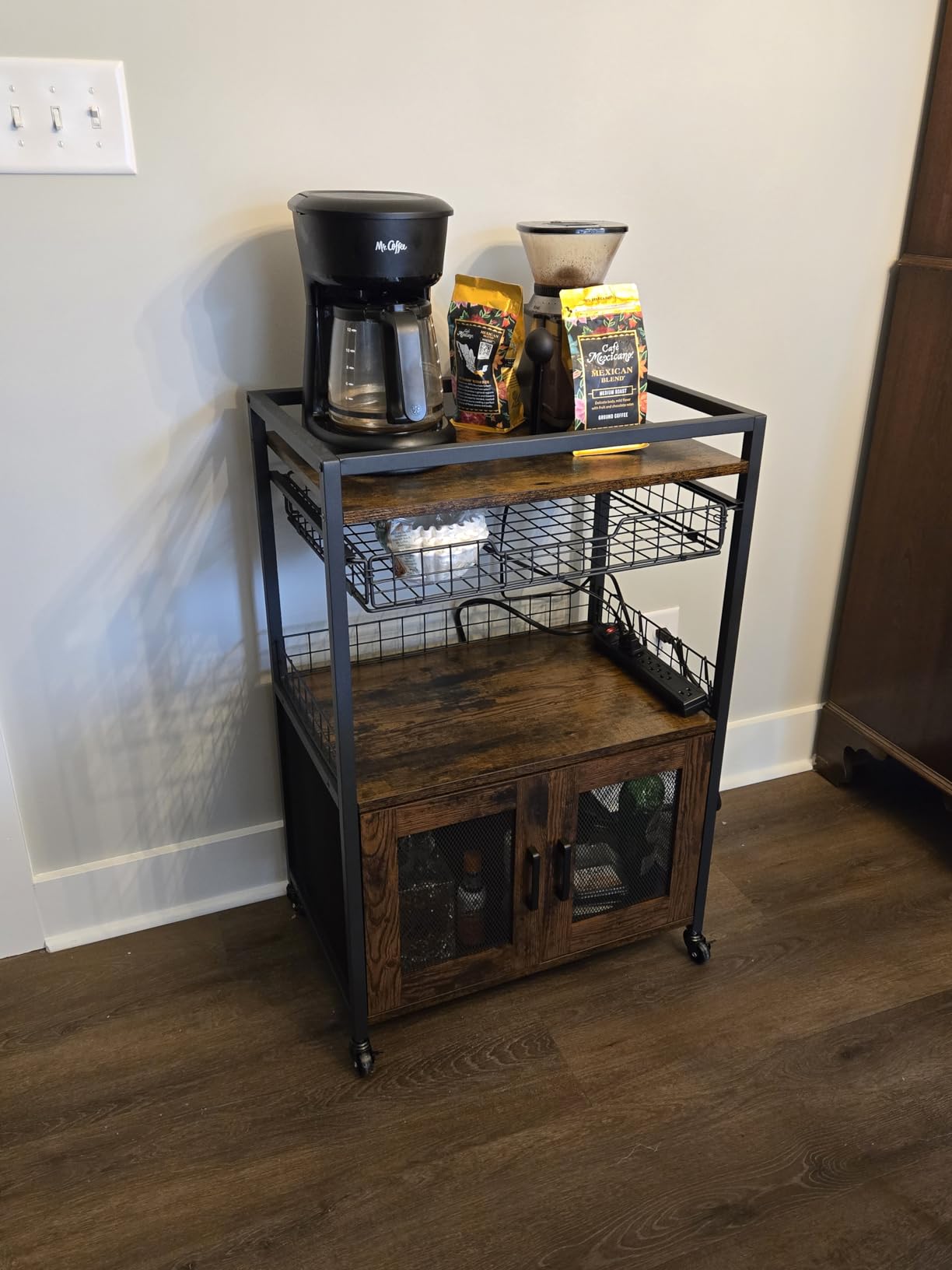 Coffee Bar Cabinet, 3 Tier Coffee Station Table on Wheels, 35.9