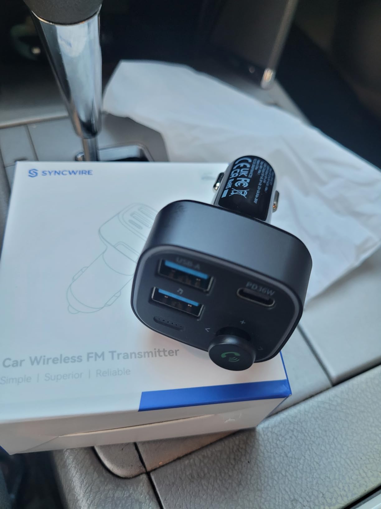 Syncwire Bluetooth 5.4 FM Transmitter Car Adapter 48W (PD 36W & 12W) [Light Switch] [HiFi Bass Sound] [Fast Charging] Wireless Radio Music Adapter LED Display Hands-Free Calling Support USB Drive customer photo 2