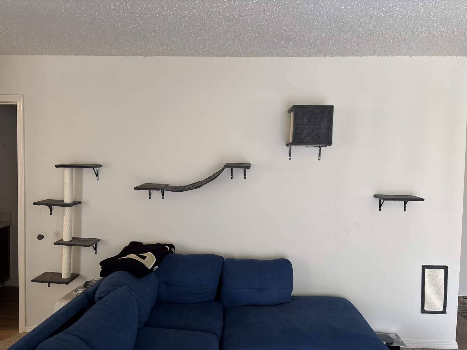 Modern Wall-Mounted Cat Furniture - 5pcs Cat Wall Shelves, Wooden Climber Includes House, Bridge, Tree, Steps, and Scratcher (Black) customer photo 1