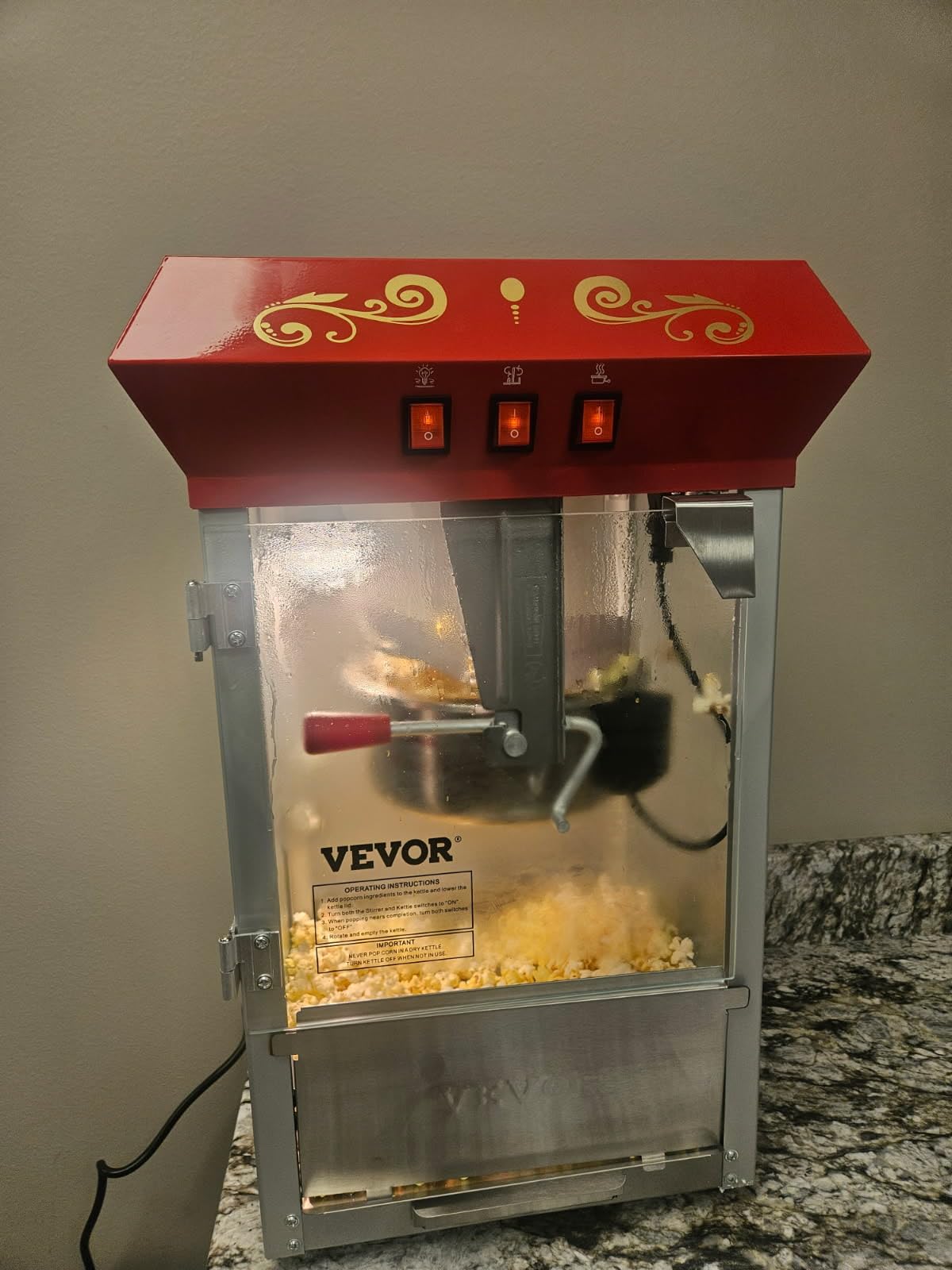 VEVOR Commercial Popcorn Machine, 8 Oz Kettle, 850 W Countertop Popcorn Maker for 48 Cups per Batch, Theater Style Popper with 3-Switch Control Steel Frame Tempered Glass Doors 2 Scoops 2 Spoons, Red customer photo 2