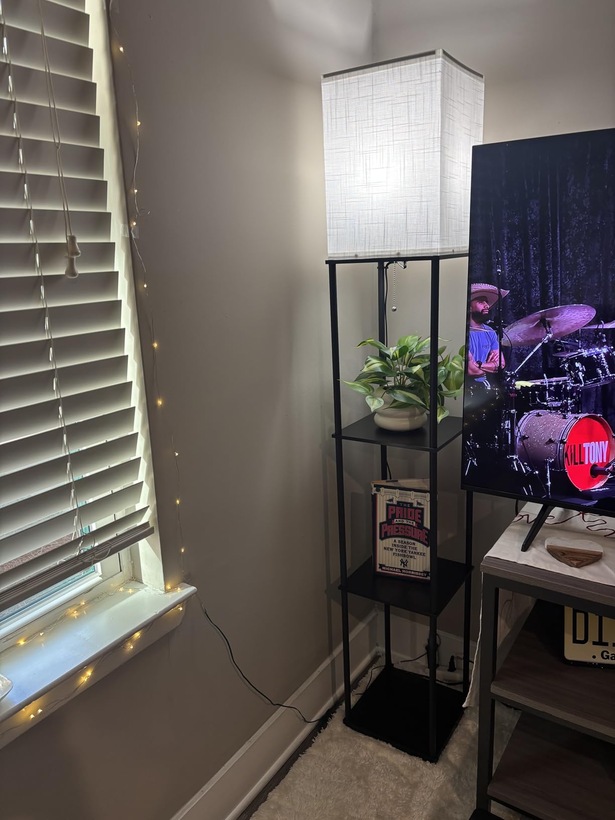 Floor Lamp with Shelves for Living Room, Shelf Floor Lamp with 3 CCT LED Bulb, Corner Display Standing Column Lamp Etagere Organizer Tower Nightstand with White Linen Shade for Bedroom, Office customer photo 1