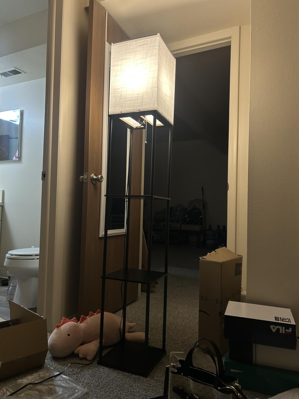 Floor Lamp with Shelves for Living Room, Shelf Floor Lamp with 3 CCT LED Bulb, Corner Display Standing Column Lamp Etagere Organizer Tower Nightstand with White Linen Shade for Bedroom, Office customer photo 2