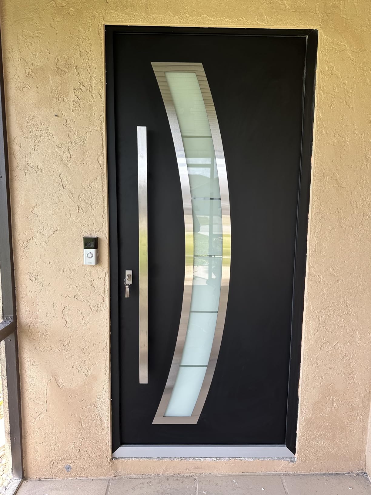 VDOMDOORS Front Exterior Prehung Steel Door/Deux 6500 Black/Stainless Inserts Single Modern Painted-W36 x H80-Left-hand Inswing customer photo 1