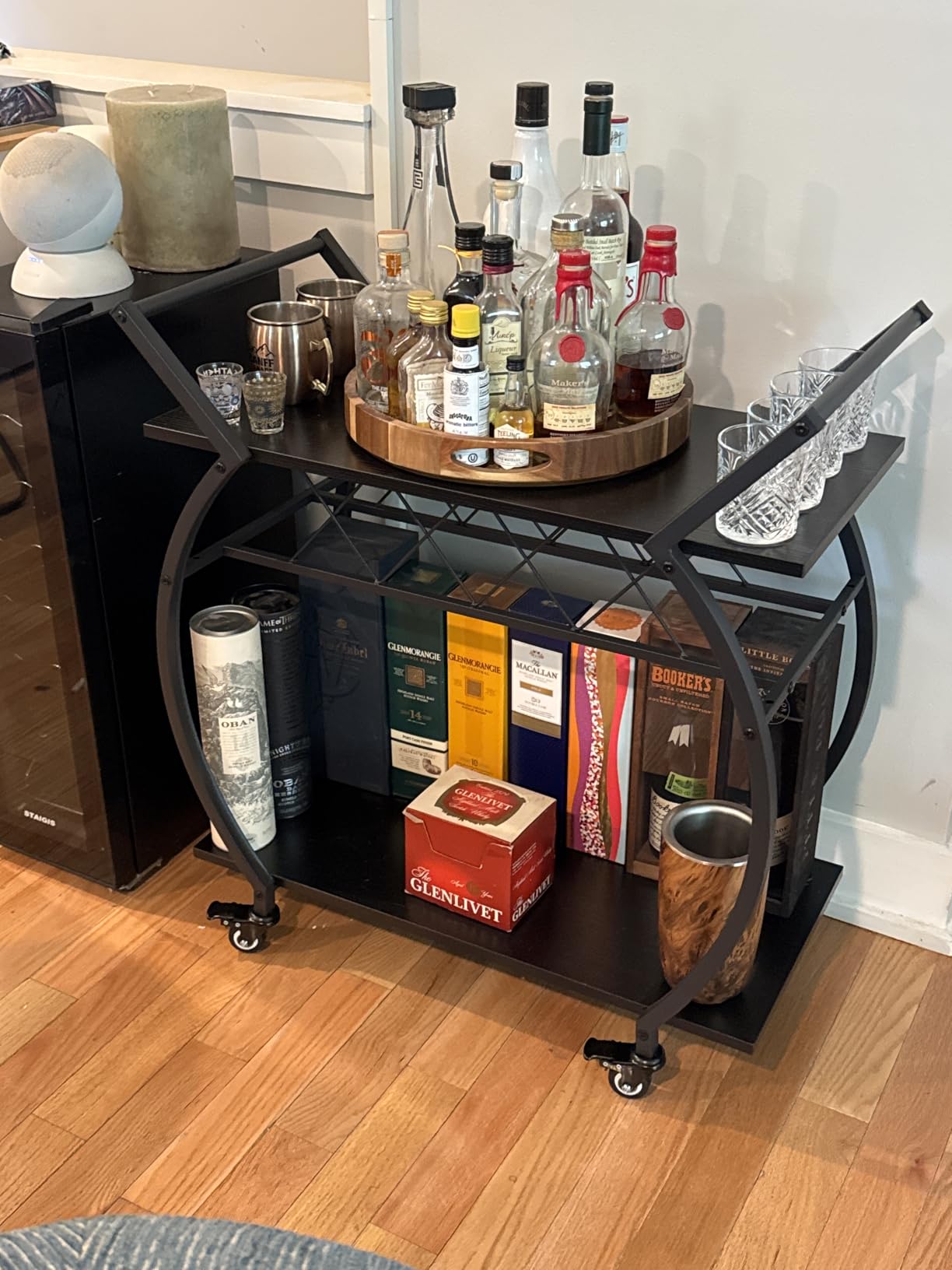 LVB Black Wine Cart with Wheels, Modern Bar Cart with Wine Rack, Industrial Beverage Rolling Kitchen Serving Cart with Storage, Metal Wooden Microwave Drink Liquor Cart for Home Dining Room, Black Oak customer photo 1