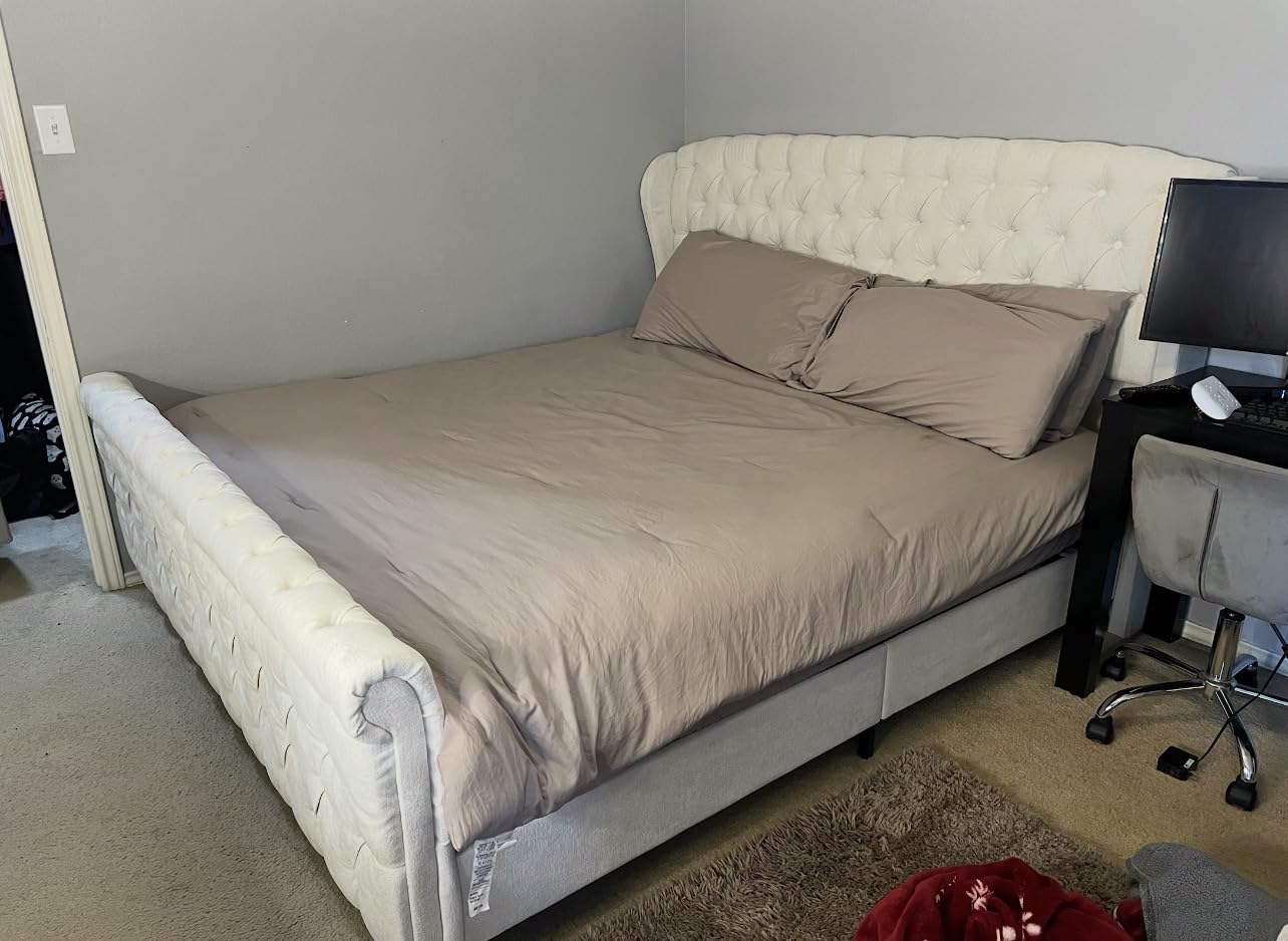 AMERLIFE King Size Platform Bed Frame, Velvet Upholstered Sleigh Bed with Scroll Wingback Headboard & Footboard/Button Tufted/No Box Spring Required/Easy Assembly/Black customer photo 1