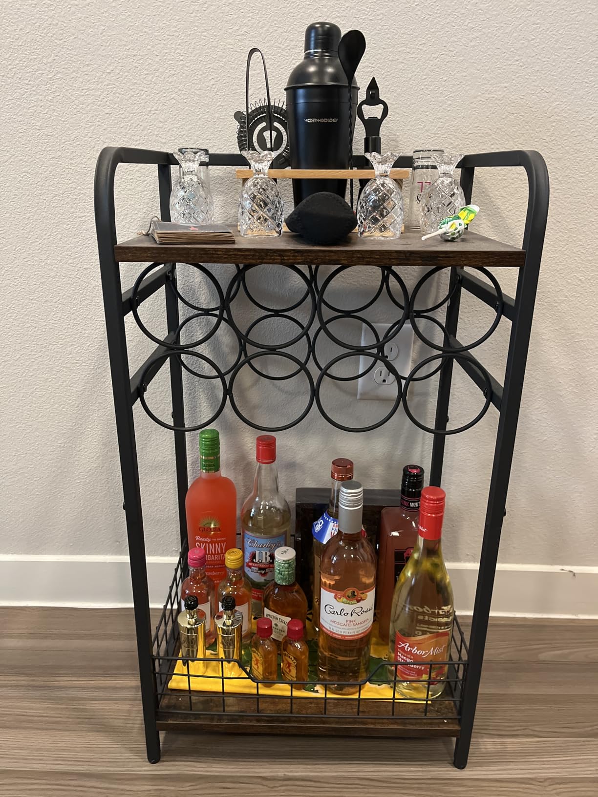 3-Tier Wine Bar Table: Small Liquor Bottle Holder with 8-Bottle Wine Rack Mini Wine Bar Cabinet Corner Whiskey Display Shelf Floor Liquor Storage Bar for Home Living Room customer photo 1