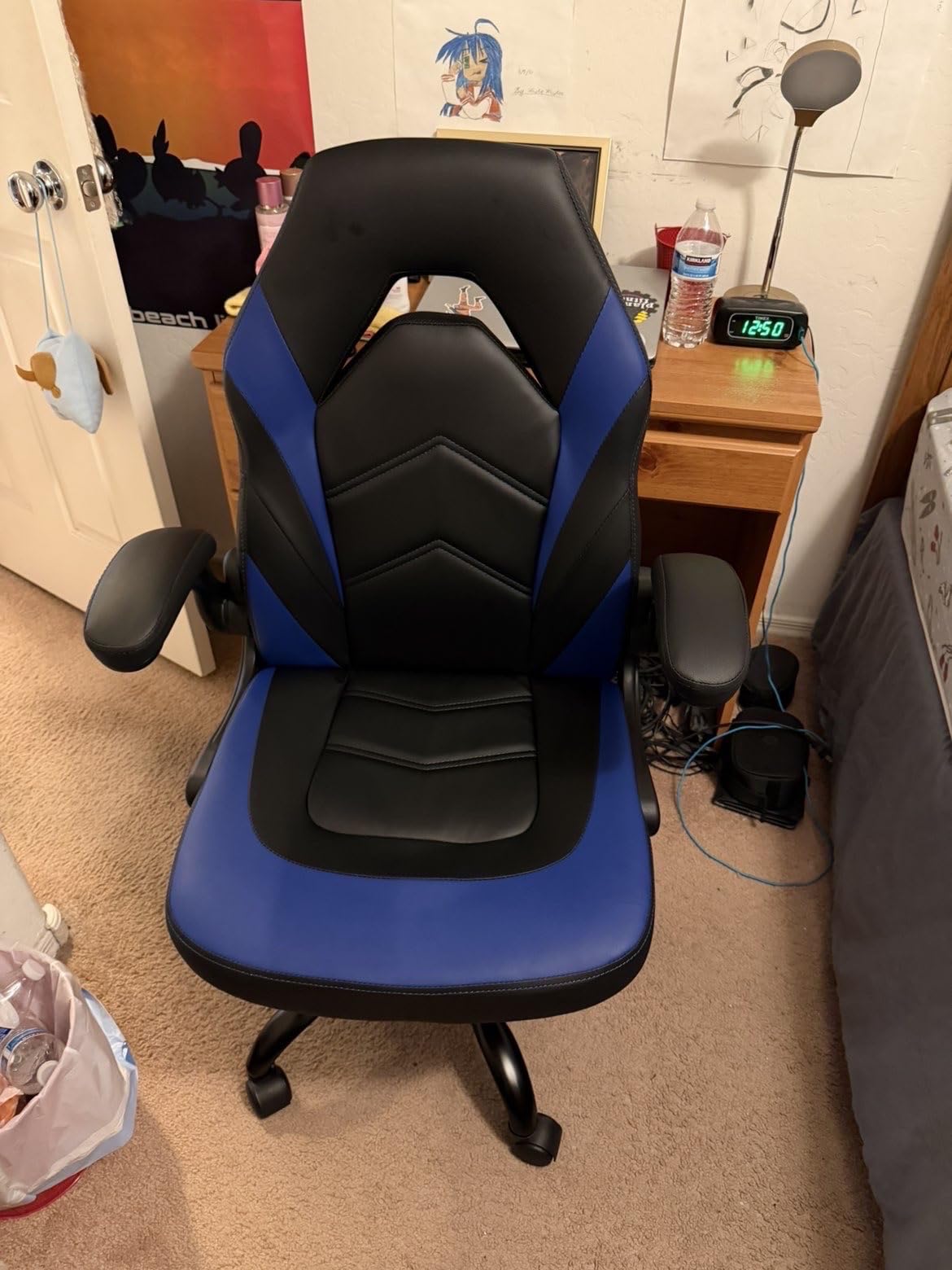 Sweetcrispy Computer Video Game Chair - Ergonomic Home Office with Comfy Lumbar Support, PU Leather Height Adjustable with Flip-up Armrest and 360deg Swivel Wheels, Blue, for Adults, Teens customer photo 2