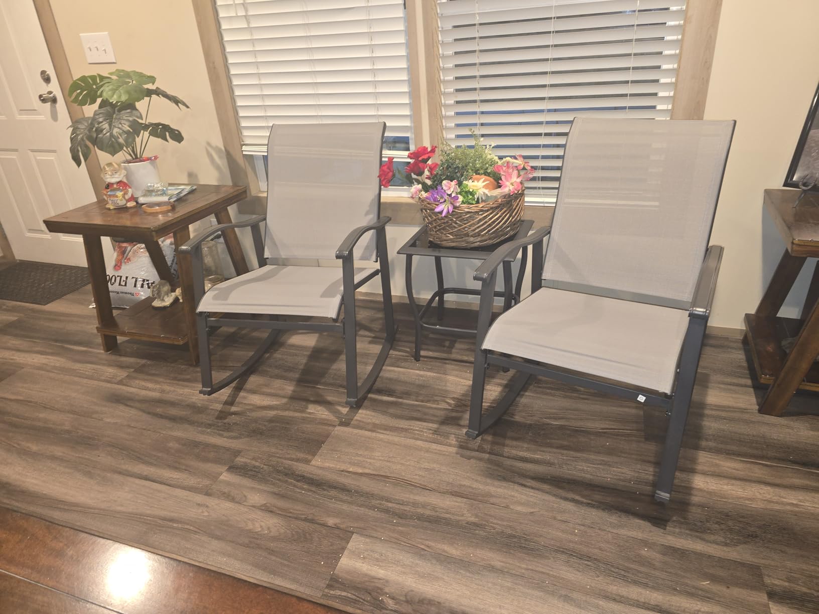 Vongrasig 3 Piece Outdoor Rocking Bistro Set, Textilene Fabric Small Patio Furniture Set, Front Porch Rocker Chairs Conversation Set with Glass Table for Lawn, Garden, Balcony, Poolside (Brown) customer photo 1