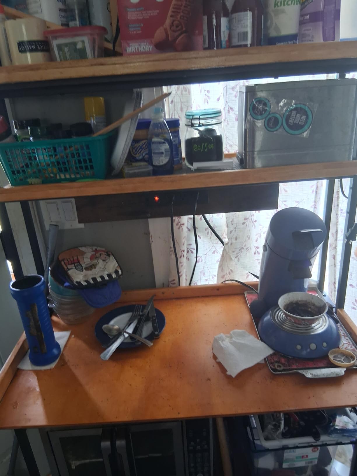 SUPERJARE Bakers Rack with Power Outlet, 35.4 Inches Coffee Bar with Wire Basket, Kitchen Microwave Stand with 6 S-Shaped Hooks, Open Storage Shelves, Rustic Brown customer photo 2