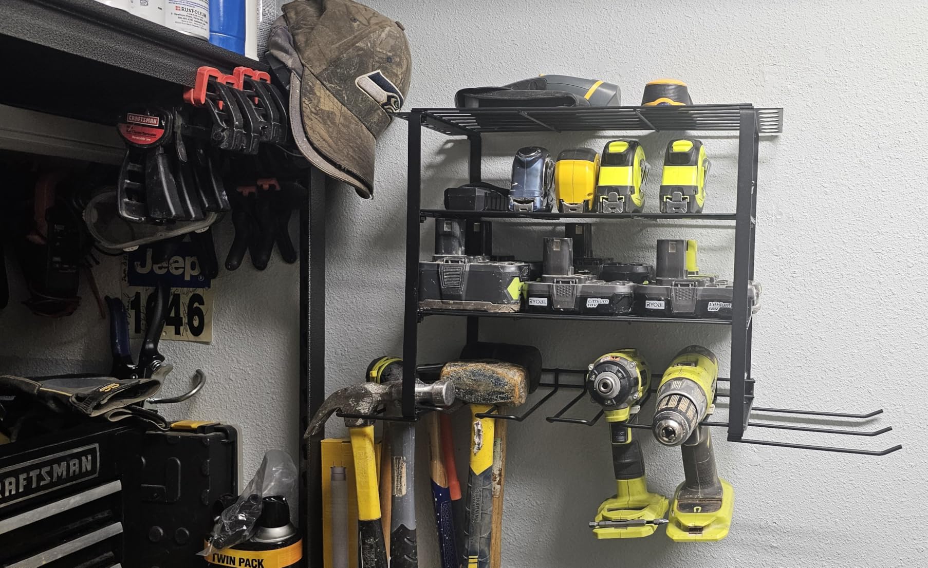 Power Tool Organizer, Heavy Duty Iron, 3 Layers Storage Rack with 4 Drill Holders, Floating Tool Shelf Wall Mounted, Matte Black, Work Shop, Garage, 150Lbs Load Capacity customer photo 1