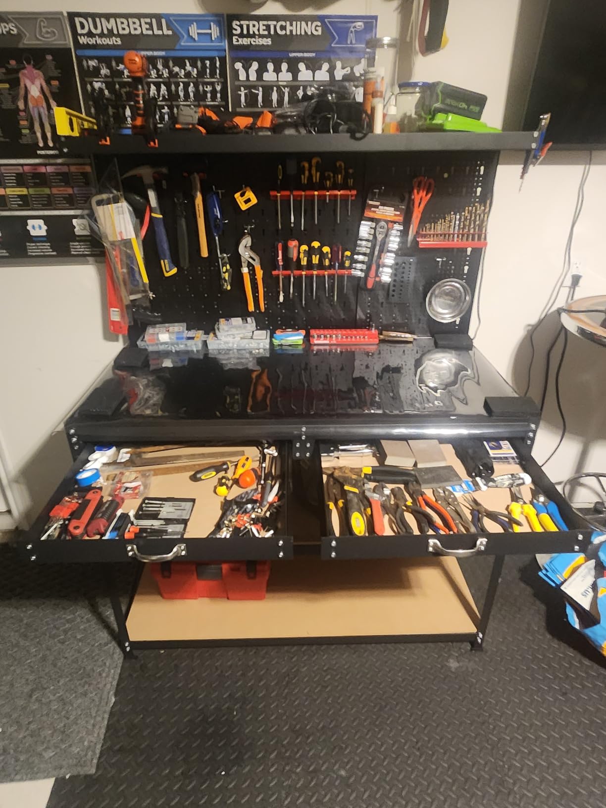 Goplus Work Bench with Storage, 48 x 24 Work Table with Pegboard, 2 Drawers, Hanging Accessories, Topping Space, 4-Tier Heavy Duty Metal Tool Storage Bench, Workbench for Garage, Workshop customer photo 1