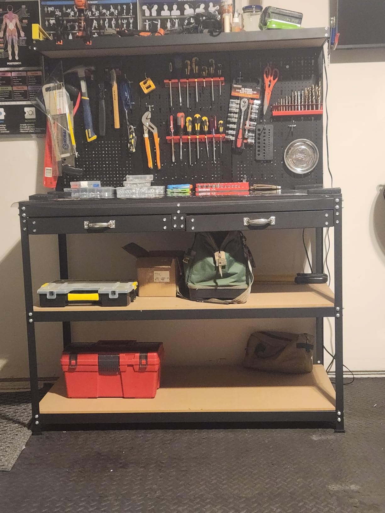 Goplus Work Bench with Storage, 48 x 24 Work Table with Pegboard, 2 Drawers, Hanging Accessories, Topping Space, 4-Tier Heavy Duty Metal Tool Storage Bench, Workbench for Garage, Workshop customer photo 2