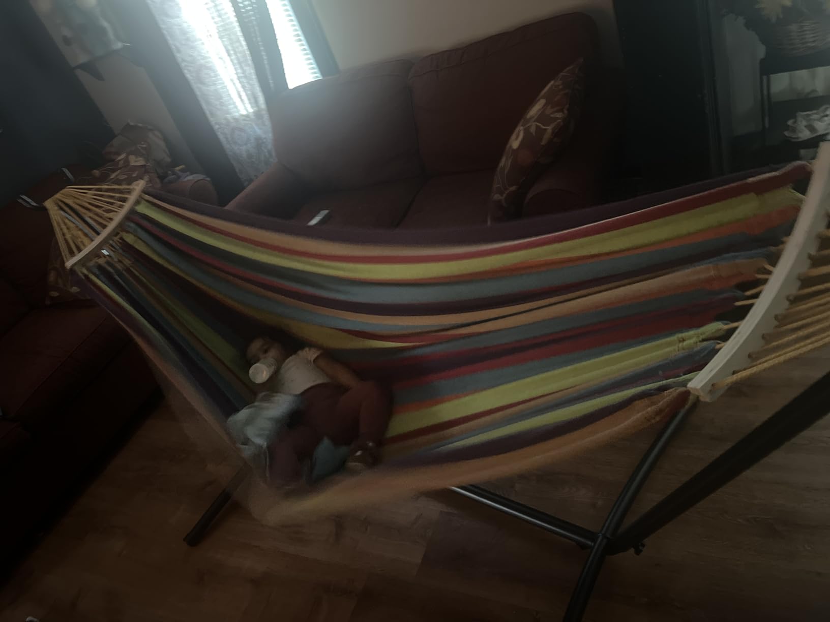 SZHLUX Double Hammock with Stand for Outside 450lb Capacity Steel Stand, Premium Carry Bag Included and Two Anti Roll Balance Beam customer photo 1