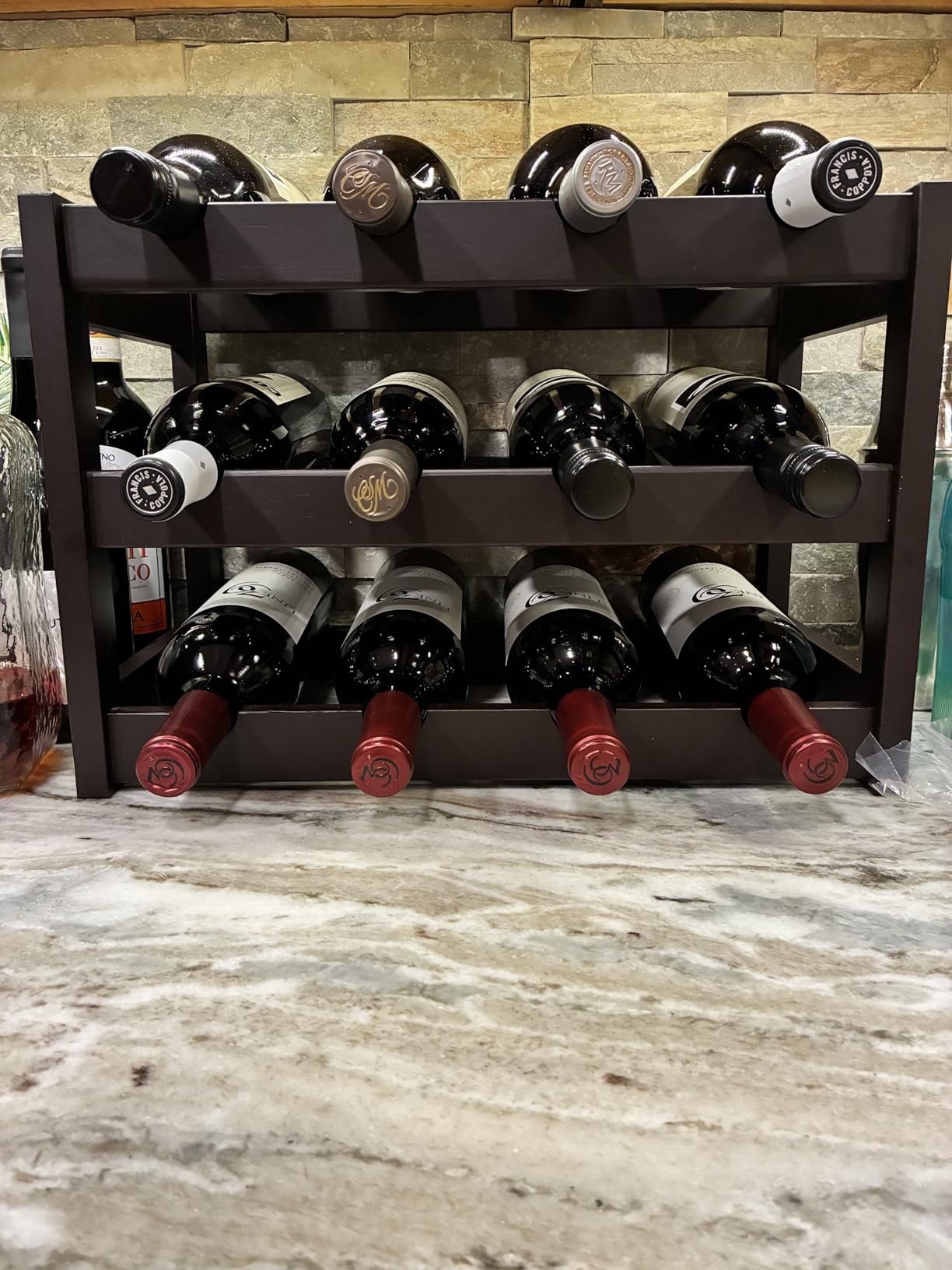 VASMIA Wine Rack Freestanding Floor, 6-Tier Display Wine Storage Shelves with Table Top, 24-Botttle Bamboo Wine Rack Shelf for Kitchen Bar Dining Room Living Room, Black customer photo 1