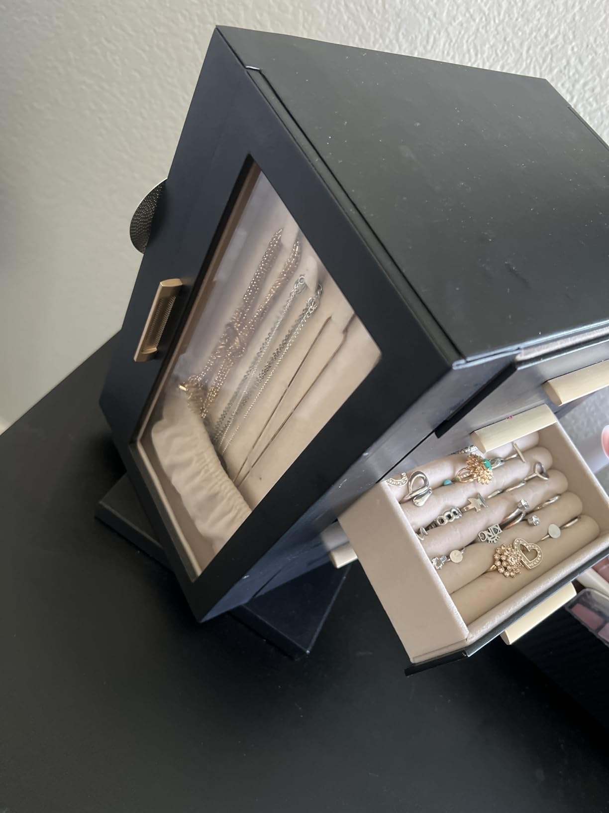 SONGMICS Jewelry Box 360° Rotating, Jewelry Storage Case with 5 Drawers, Jewelry Organizer, Glass Window, Spacious, Vertical Jewelry Storage, Open Design, Great Gift, Cloud White UJBC170W01 customer photo 1