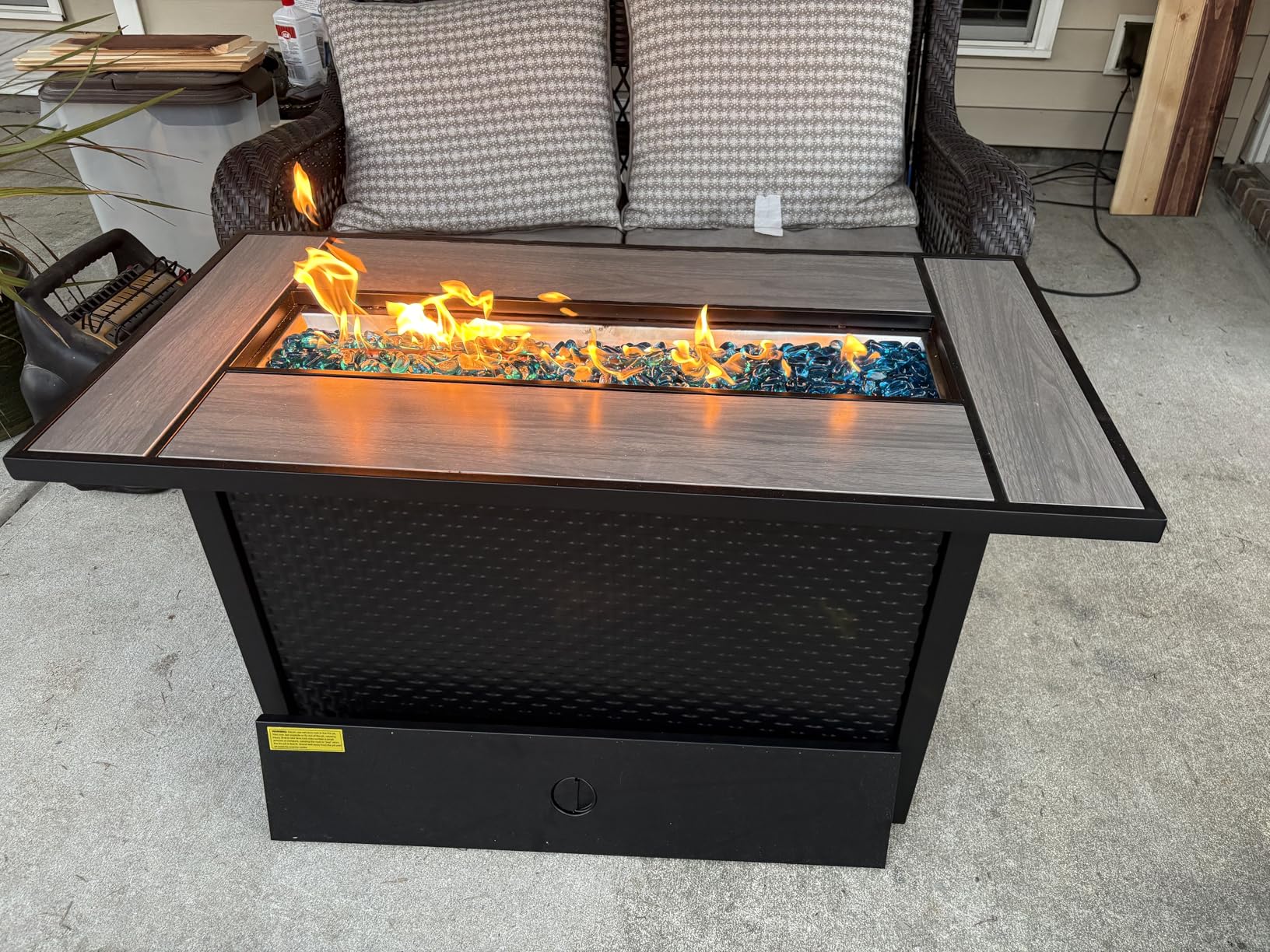 45 Inch Propane Fire Pit Table, 50,000 BTU Outdoor Gas Fire Pit for Patio & Backyard, 2-in-1 Firepit Dining Table with Glass Wind Guard, Blue Glass Rocks & Waterproof Cover, Grey customer photo 1
