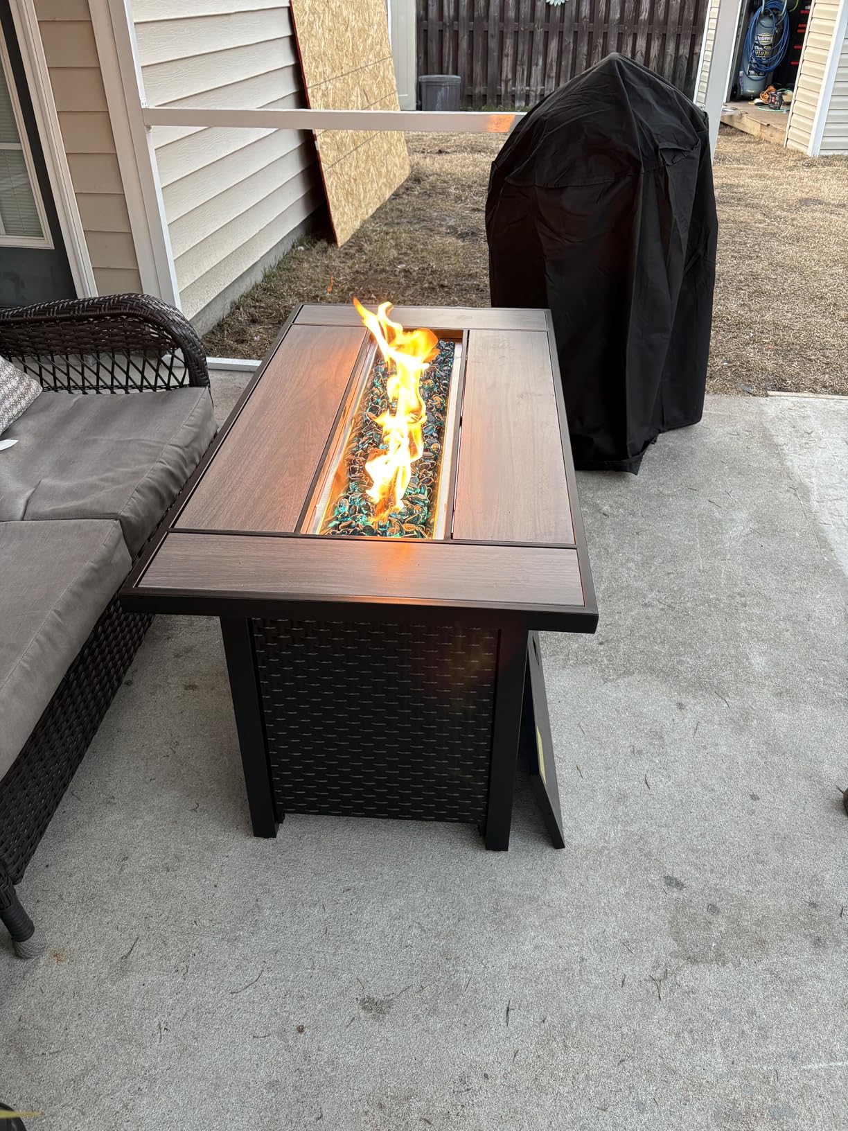 45 Inch Propane Fire Pit Table, 50,000 BTU Outdoor Gas Fire Pit for Patio & Backyard, 2-in-1 Firepit Dining Table with Glass Wind Guard, Blue Glass Rocks & Waterproof Cover, Grey customer photo 2