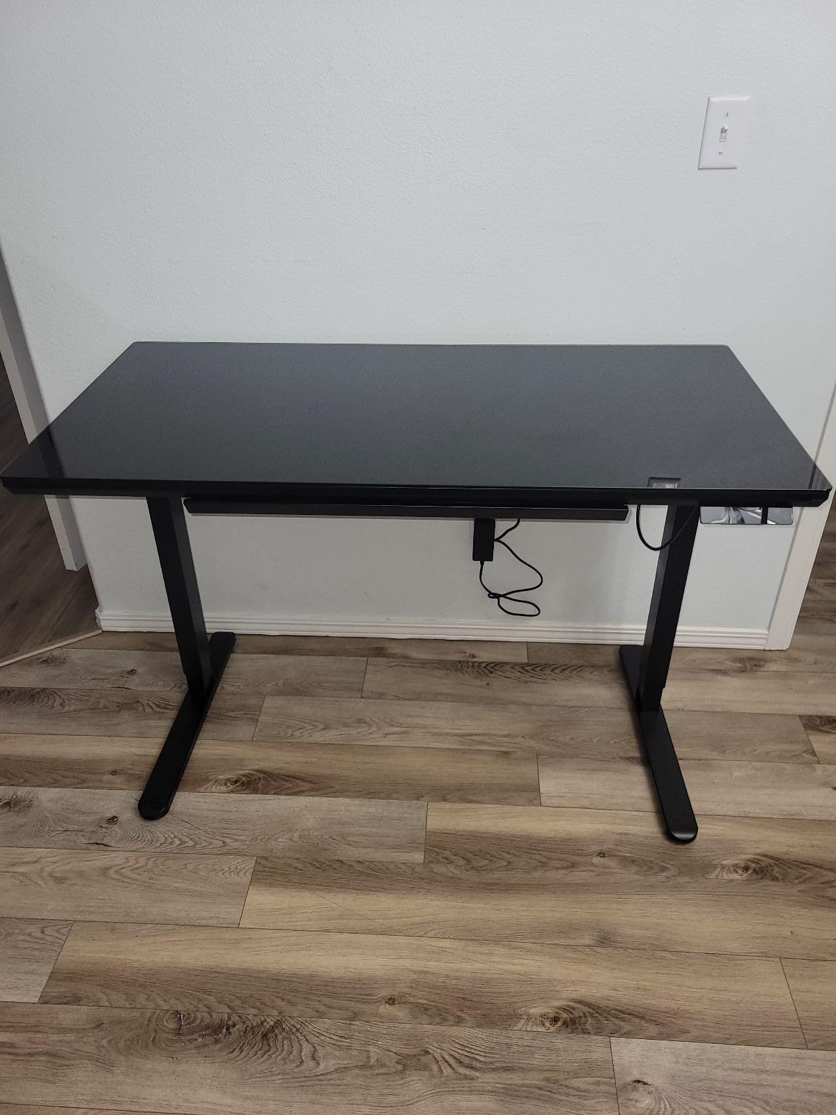 SHW 48x24 Glass Electric Height Adjustable Standing Desk - Motorized Sit Stand Desk with Monitor Riser, Pull-Out Drawer, Memory Presets, White customer photo 2