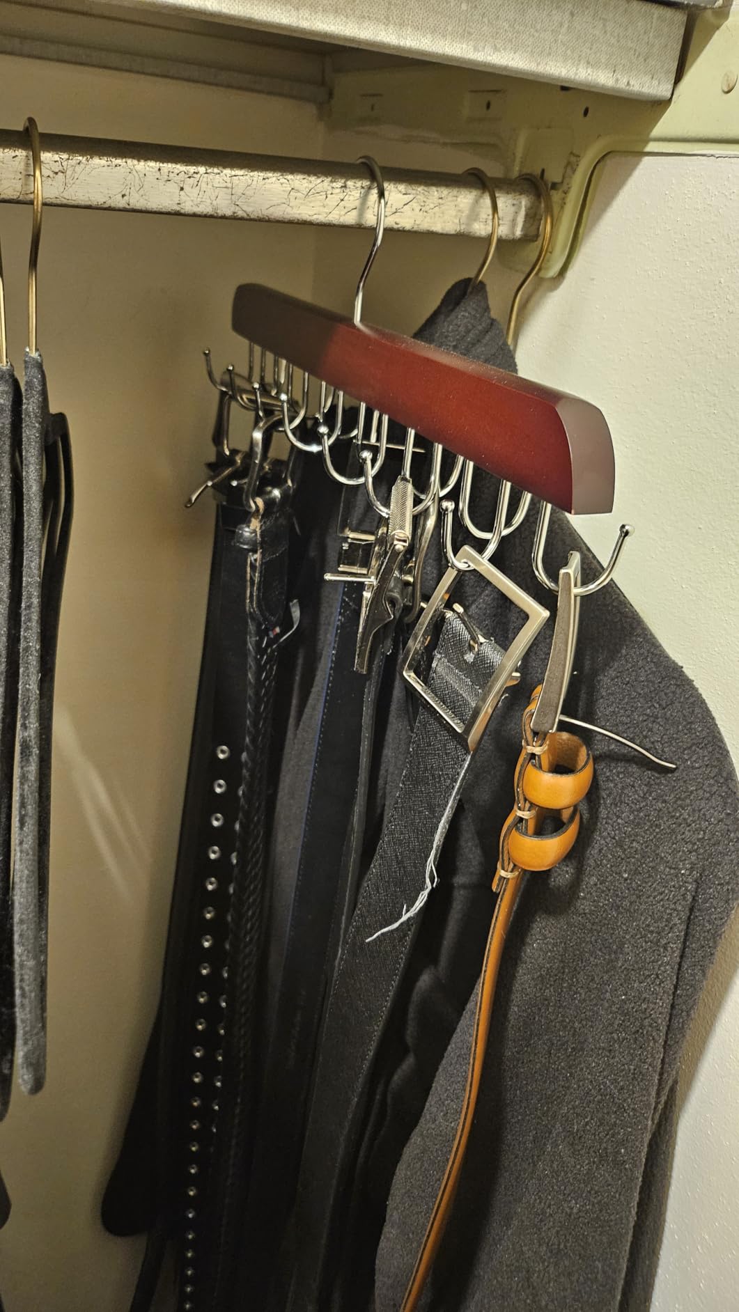 Belt Hanger for Closet Max 42 Belts, Sturdy Wood Belt Rack Closet Accessories with 14 Hooks Belt Organizer for Closet Organizers and Storage -Black 1 Pack customer photo 1