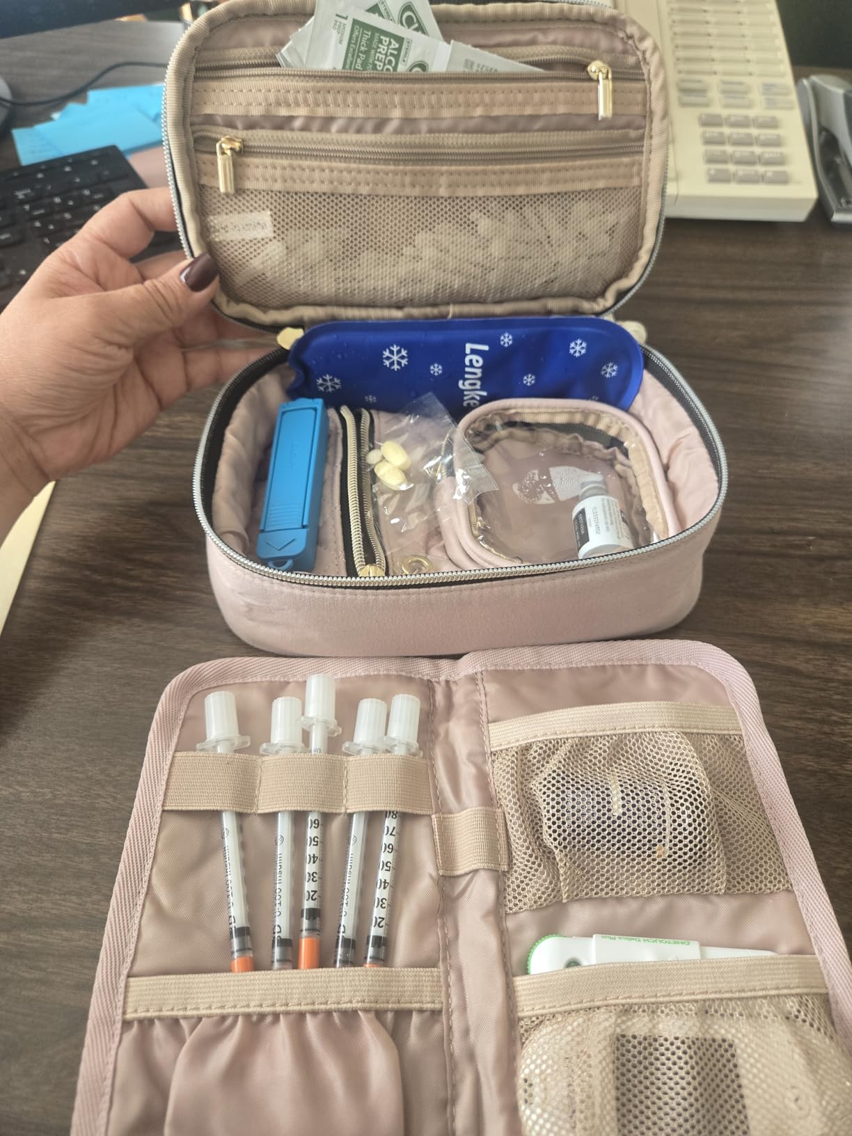 YARWO Diabetic Travel Case for Blood Glucose Monitor, Test Strips, Insulin Syringes, Diabetes Supplies Storage Bag with 2 Detachable and 1 Folding Pouches for Diabetic Care Kits, Dusty Rose (Bag Only) customer photo 1
