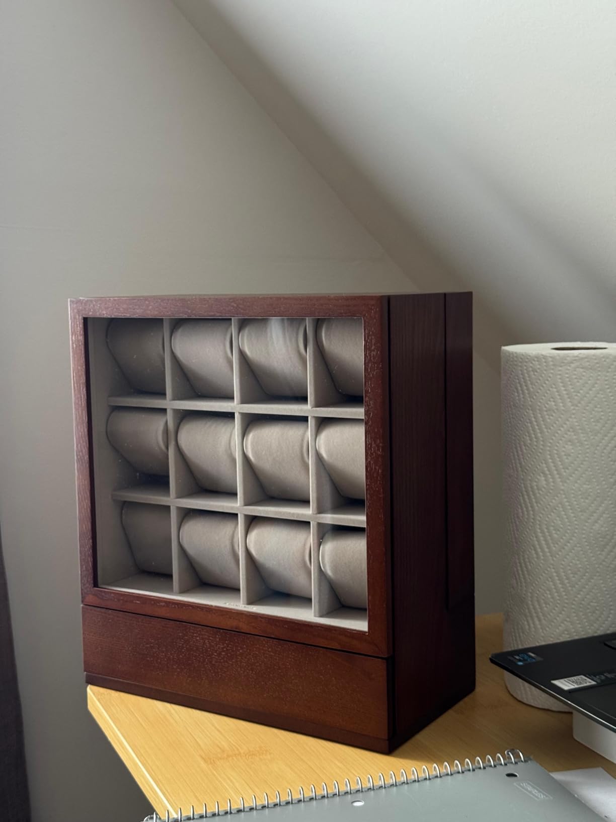 SONGMICS 12-Slot Watch Box, Watch Display Case with Window, Solid Wood Veneer, Velvet Lining, Vertical Storage, Space Saving, Gift Idea, Coffee Brown UJOW014K01 customer photo 1