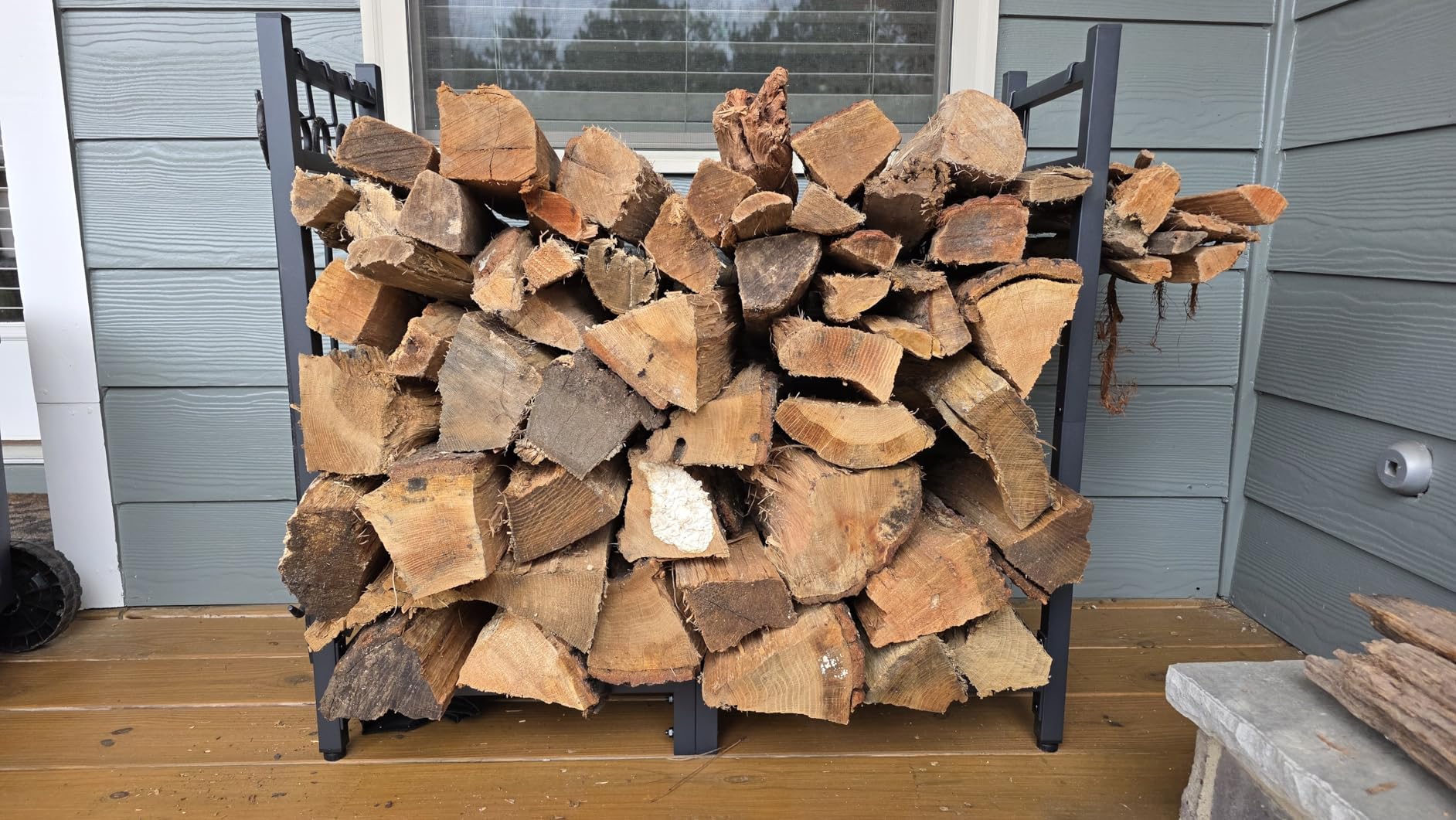 Brightown 34inch Firewood Rack Indoor with Log Carrier, Outdoor Wood Rack for Firewood,Fire Wood Storage with Kindling Hooks, Adjustable Pads, Heavy Duty Logs Holder for Fireplace Deck Outdoor, Black customer photo 1