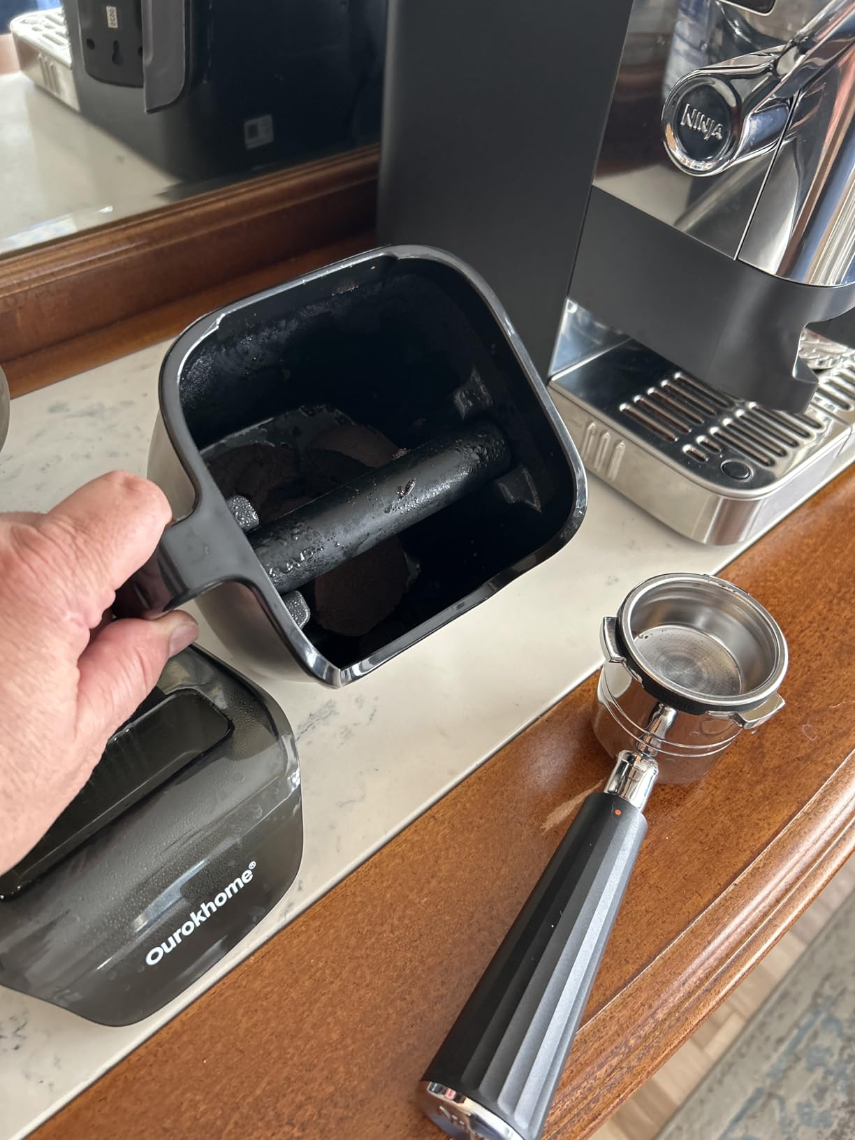 Ourokhome Knock Box Espresso Accessories, The Latest Patented Stainless Steel Espresso Machine Tool for Coffee Ground with Removable Knock Bar, Handle and Lid, Dishwasher safe, 4.8 inch customer photo 1