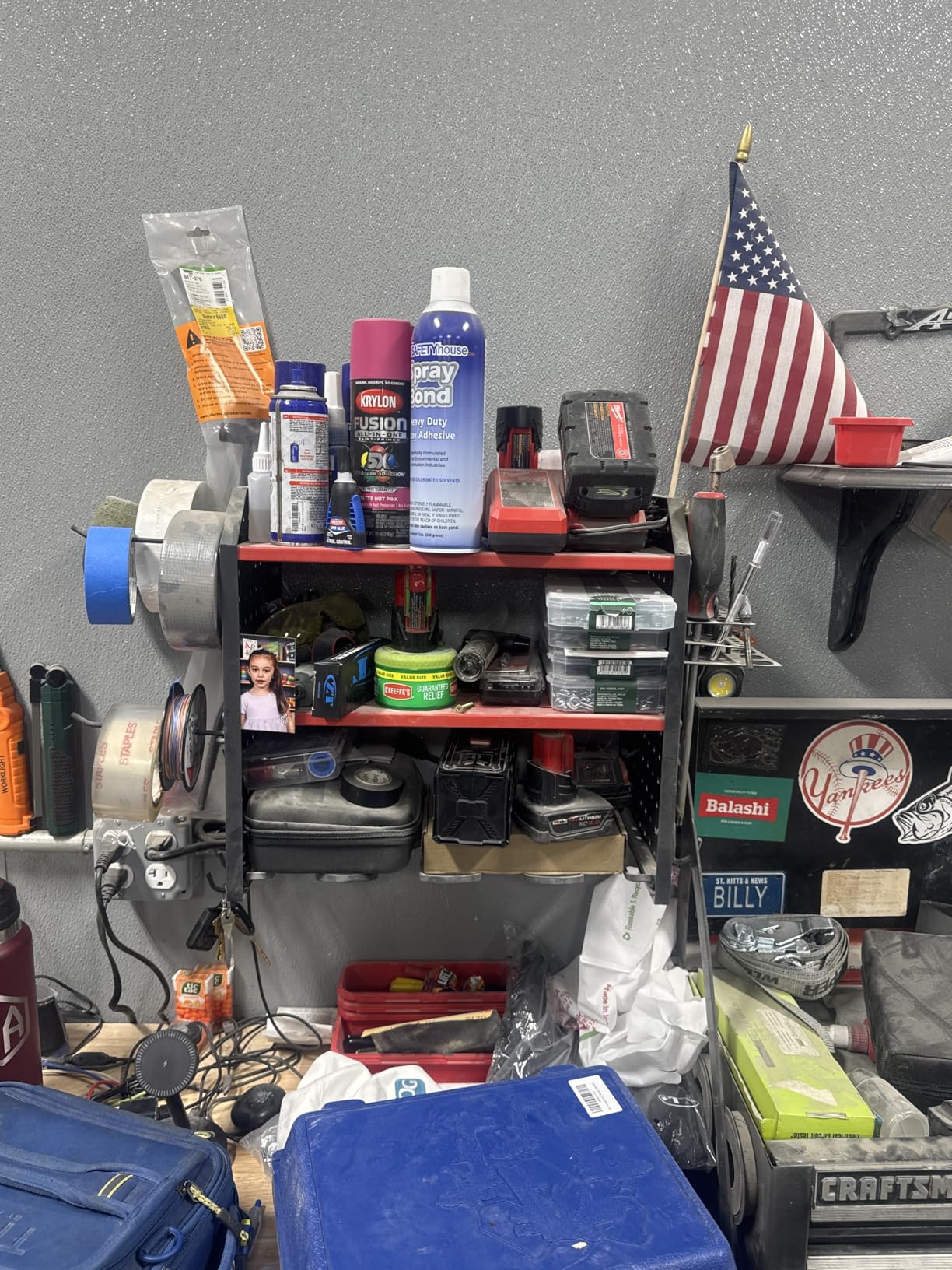 KAFAHOM Power Tool Organizer with Charging Station, Built in 8 Outlet Power Strip, Large 8 Drill Holder Wall Mount, Heavy Duty Metal Power Tool Storage Rack Tool Shelf for Garage Organization Red customer photo 1