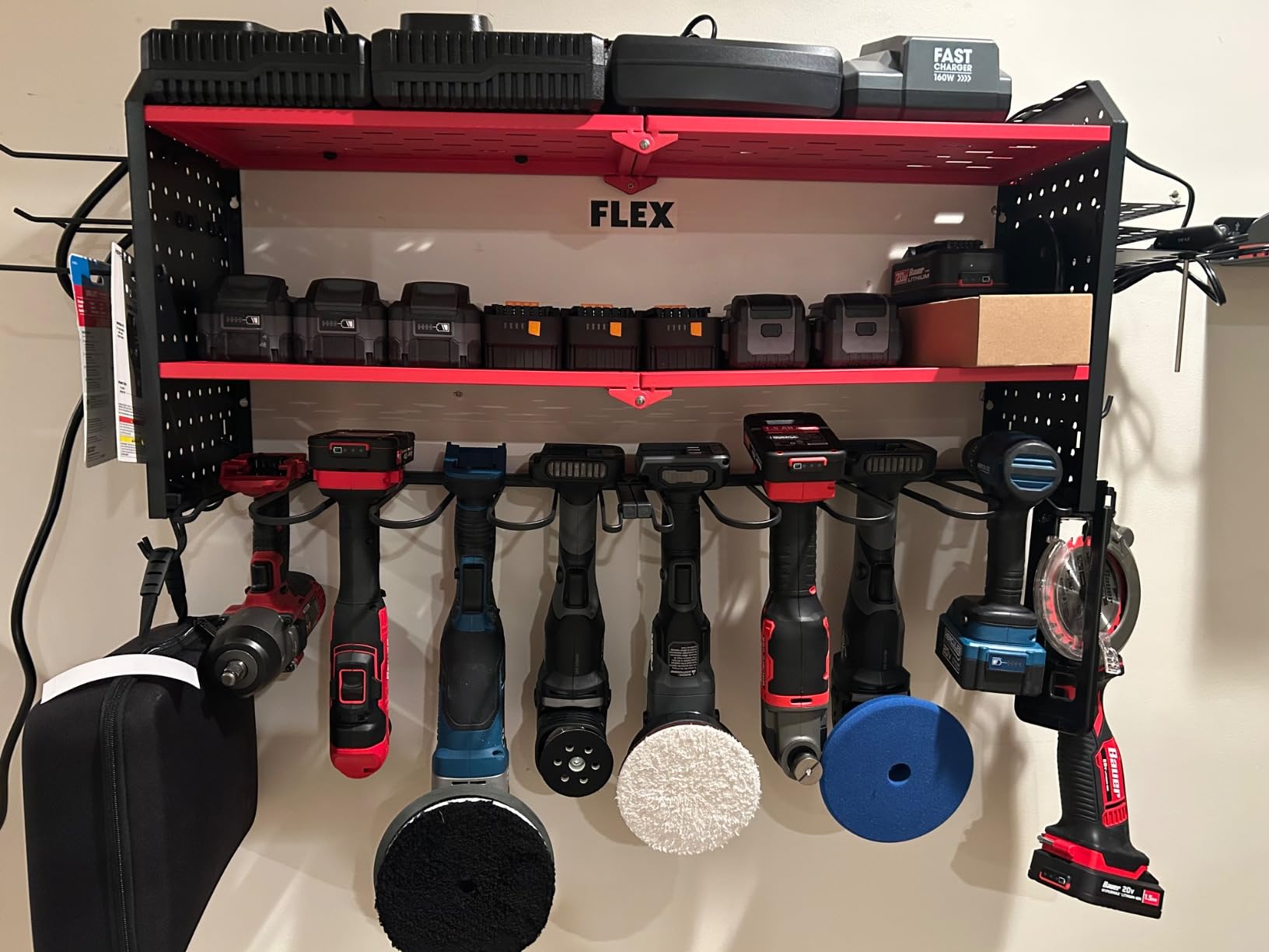 KAFAHOM Power Tool Organizer with Charging Station, Built in 8 Outlet Power Strip, Large 8 Drill Holder Wall Mount, Heavy Duty Metal Power Tool Storage Rack Tool Shelf for Garage Organization Red customer photo 2