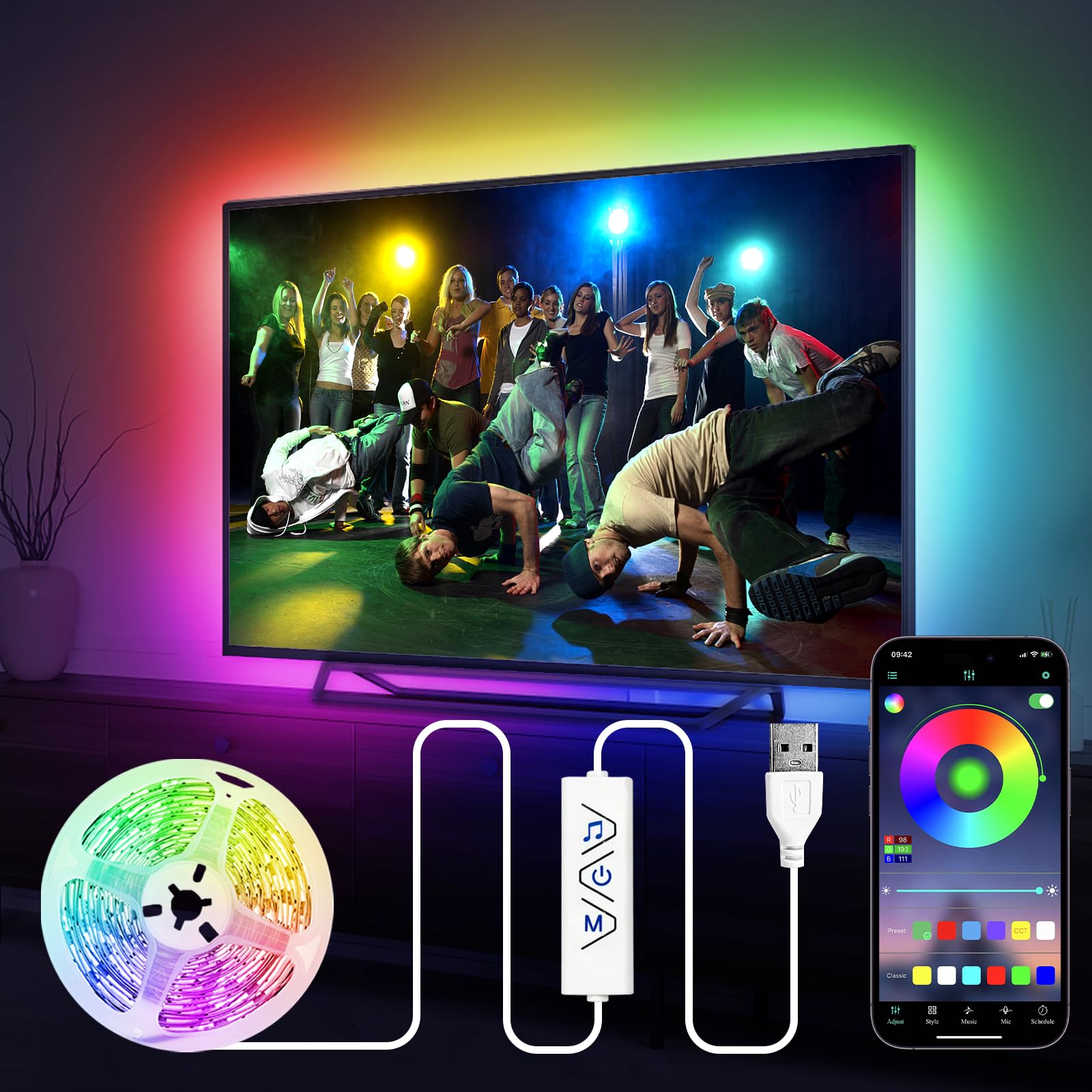 HOUHUI TV LED Lights 13Ft, RGB LED Strip Lights for 32-65in TV Backlight, App Control Sync to Music, USB Bias Lighting customer photo 1