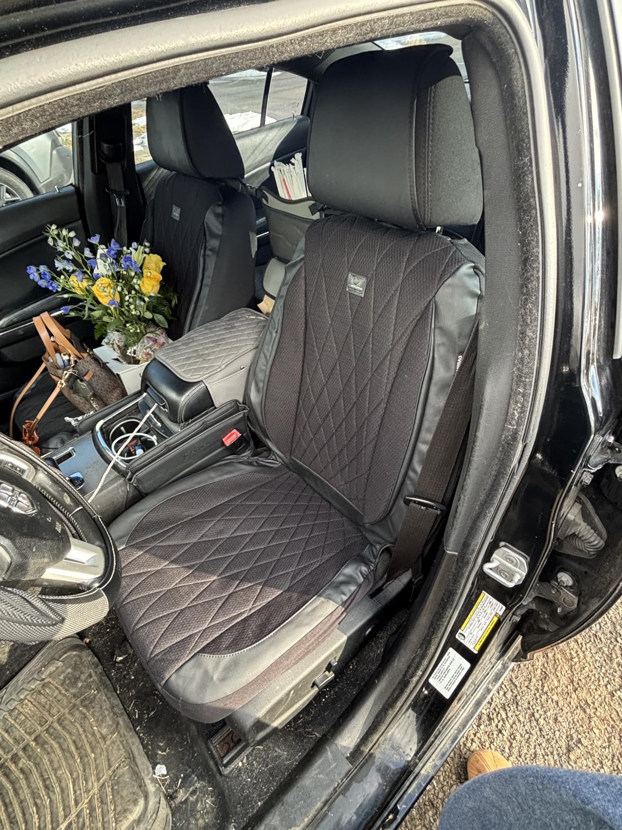 CAR PASS Piping Luxury Faux PU Leather Two Front Car Seat Covers, Waterproof Anti Slip Seat Covers Compatible with Front Seat Armrests,Universal Fit for Suvs,Vans,Trucks, Airbag Compatible(All Black) customer photo 1