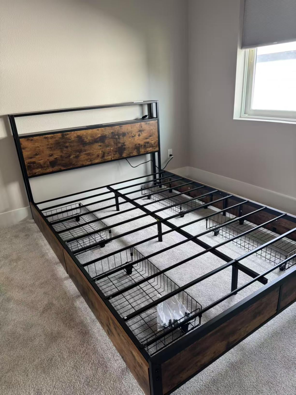 Lifezone Queen Bed Frame with 2-Tier Storage Headboard, Metal Platform Bed Frame with 4 Storage Drawers, Built in Charging Station and LED, Noise-Free/Metal Support/No Box Spring Needed, Vintage Brown customer photo 1