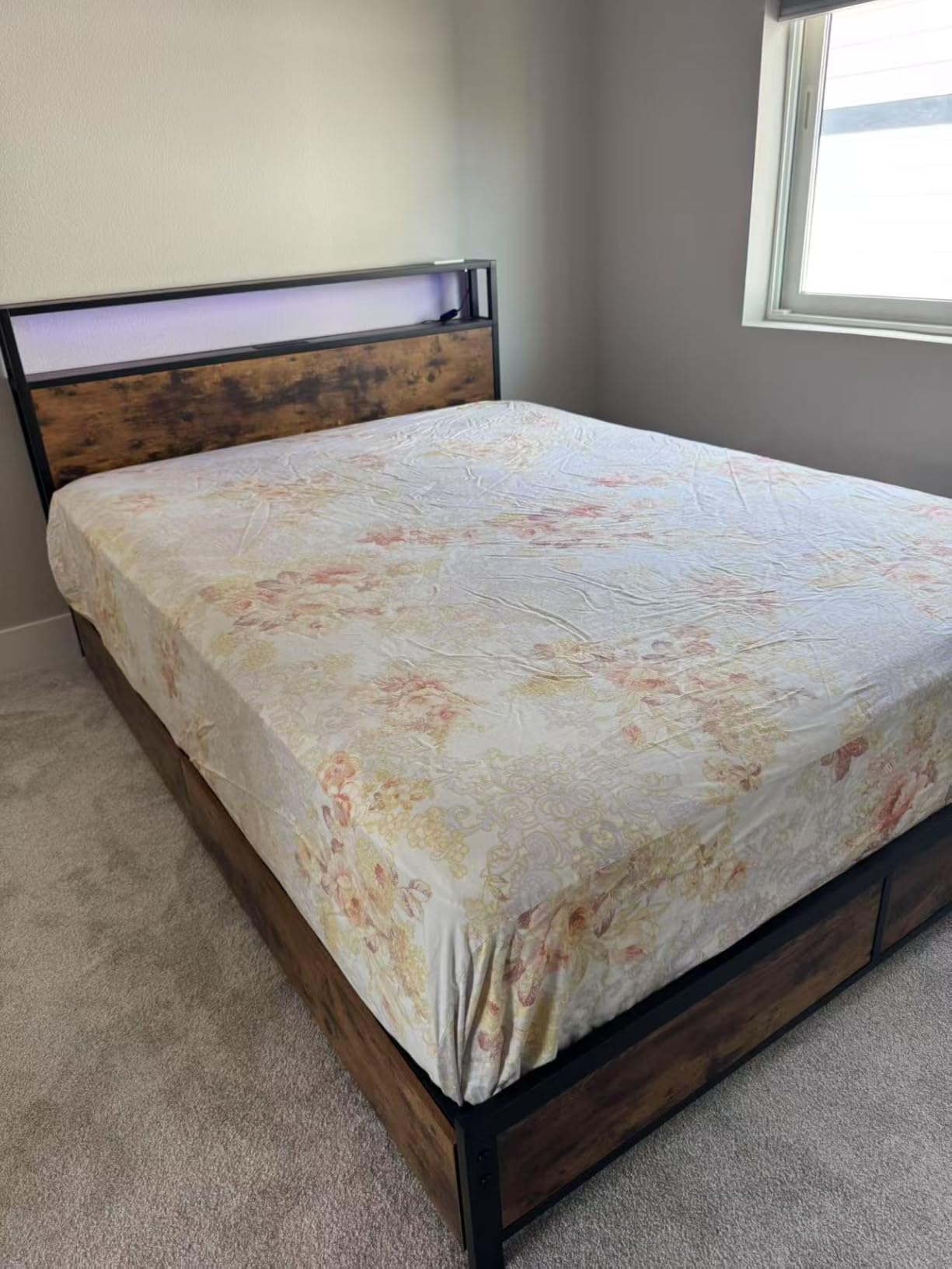 Lifezone Queen Bed Frame with 2-Tier Storage Headboard, Metal Platform Bed Frame with 4 Storage Drawers, Built in Charging Station and LED, Noise-Free/Metal Support/No Box Spring Needed, Vintage Brown customer photo 2