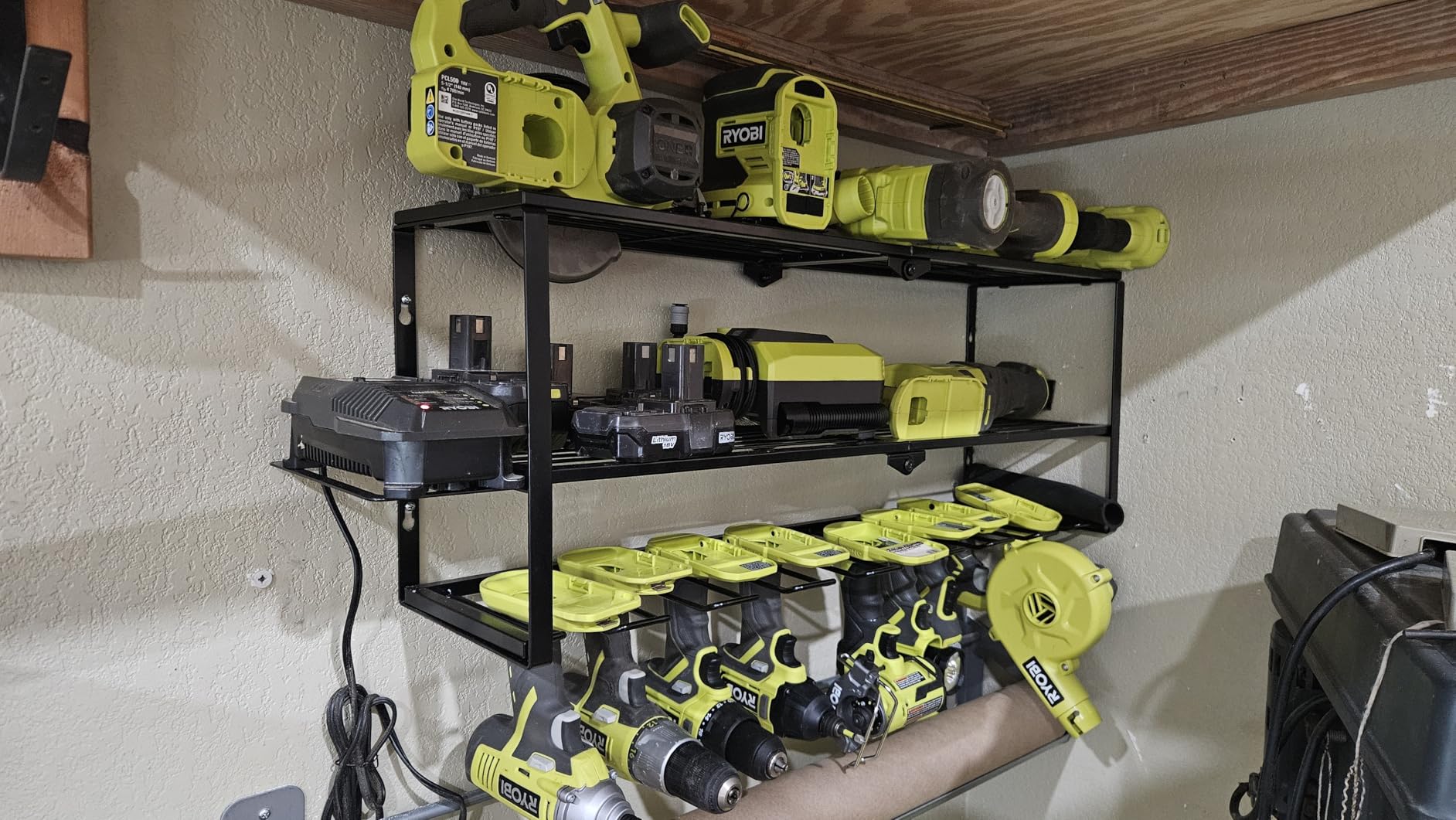 YYR Heavy Duty Power Tool Organizer Wall Mount, Cordless Drill Hanger Storage Rack, Battery Tools Holder with Charging Station Shelf for Garage Organization, Workshop, Pegboard, Shed - 32 Inch 8 Slots customer photo 1