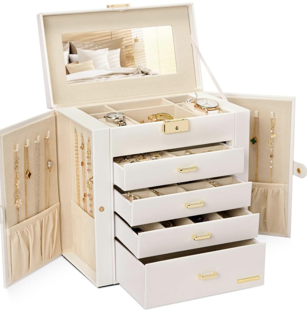 Homde Synthetic Leather Huge Jewelry Box Mirrored Watch Organizer Necklace Ring Earring Storage Lockable Gift Case (White + Gold) customer photo 1