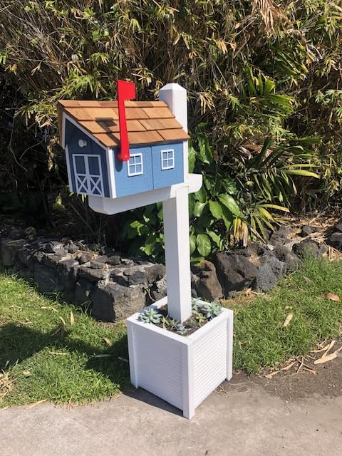 Peaceful Classics Amish Cedar Roof Wooden Mailbox with Window & Door Trim, Handcrafted Mailboxes for Outside, Post Mount Residential Mailboxes - (Country Blue & White, Wood) customer photo 1