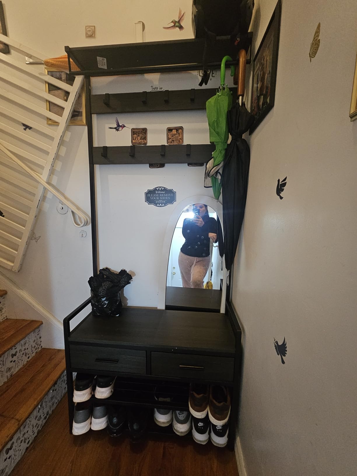 VASAGLE Hall Tree with Bench and Shoe Storage, Entryway Coat Rack with Shoe Bench, 2 Fabric Drawers, 10 Hooks, 11.8 x 31.7 x 71.5 Inches, Vintage Brown and Ink Black UHSR429B01 customer photo 2