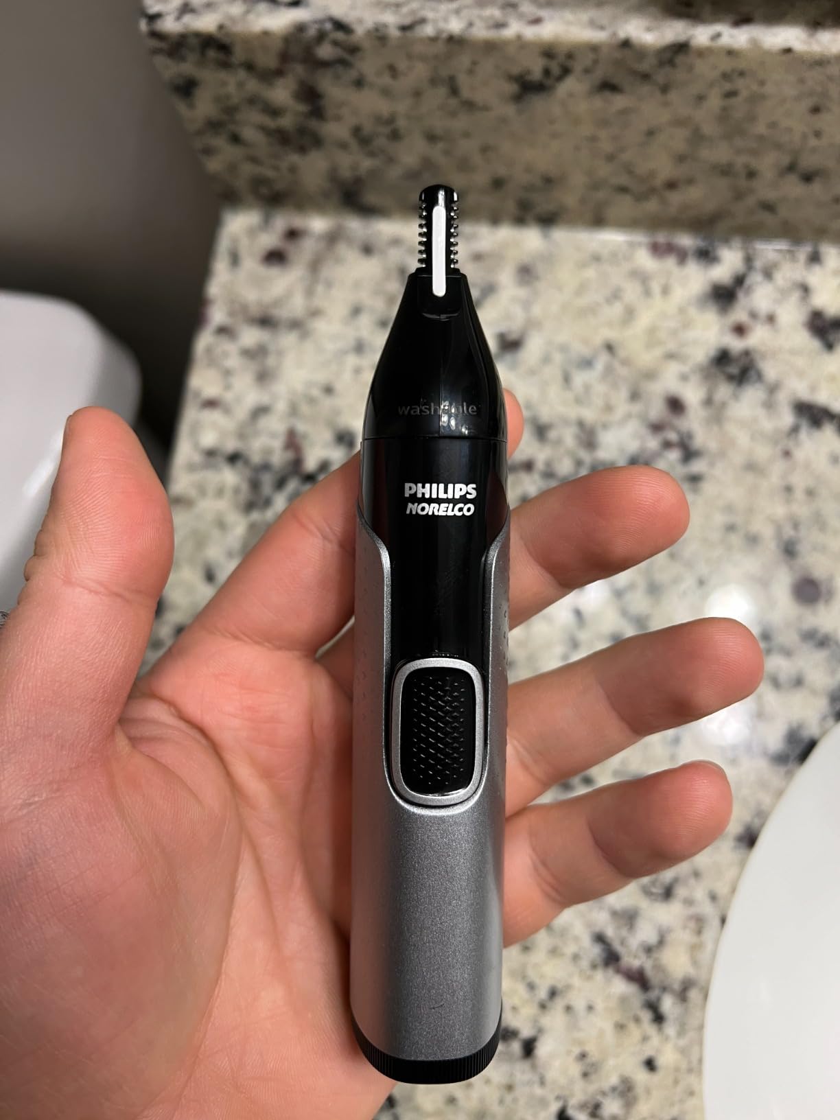Norelco Philips Nose Trimmer 5000 for Nose, Ears, Eyebrows & Details - Protective Guard System, Dual-Sided Steel Blades, Rotary & Detail Trimmer, Washable, AA Battery, NT5600/62 customer photo 1