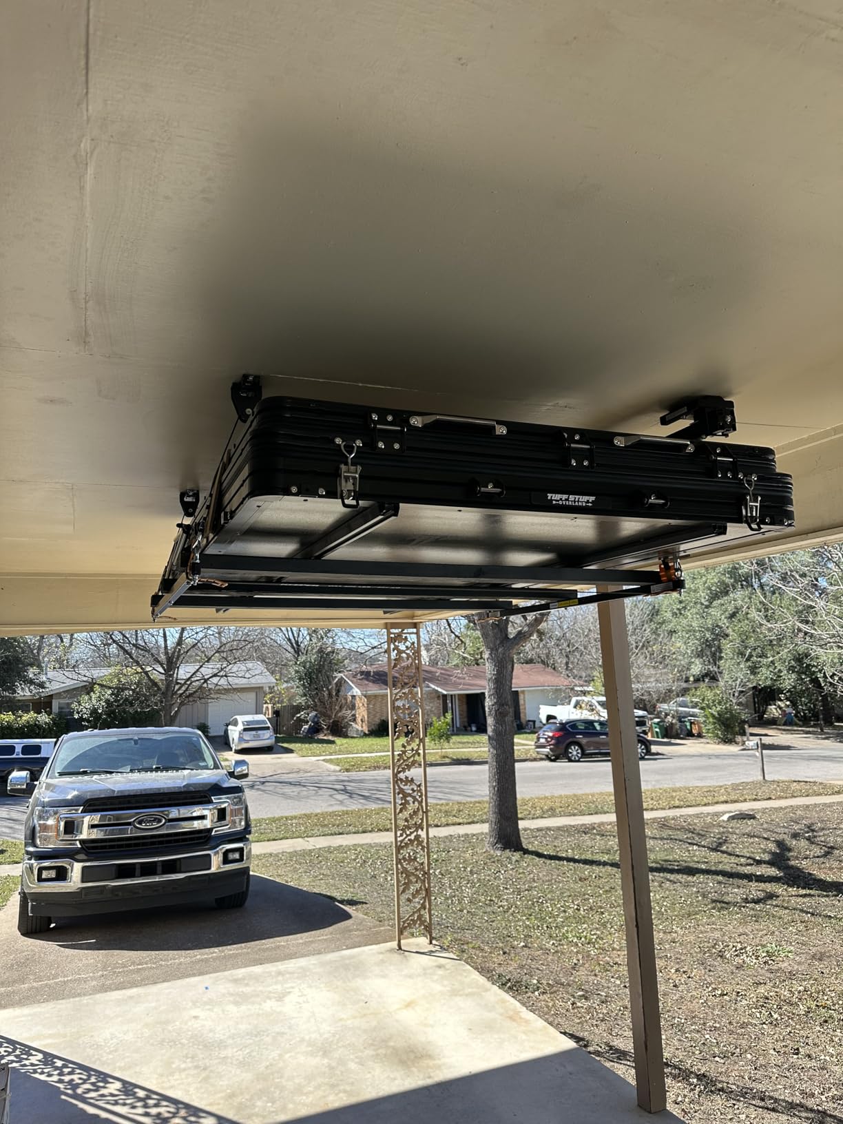 FLEXIMOUNTS GL1 Overhead Garage Lifting Storage Rack, 4x4 Ft Heavy-Duty Metal Garage Ceiling Rack, Adjustable Organization System With 71''L Axle, 300lbs Weight, Black customer photo 2