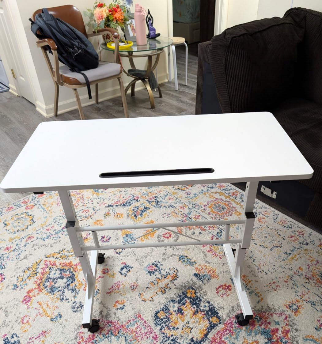 Small Standing Desk Adjustable Height, Mobile Stand Up Desk with Wheels, 32 Inch Portable Rolling Desks Computer Office Workstations for Walking Pad Treadmill White customer photo 1